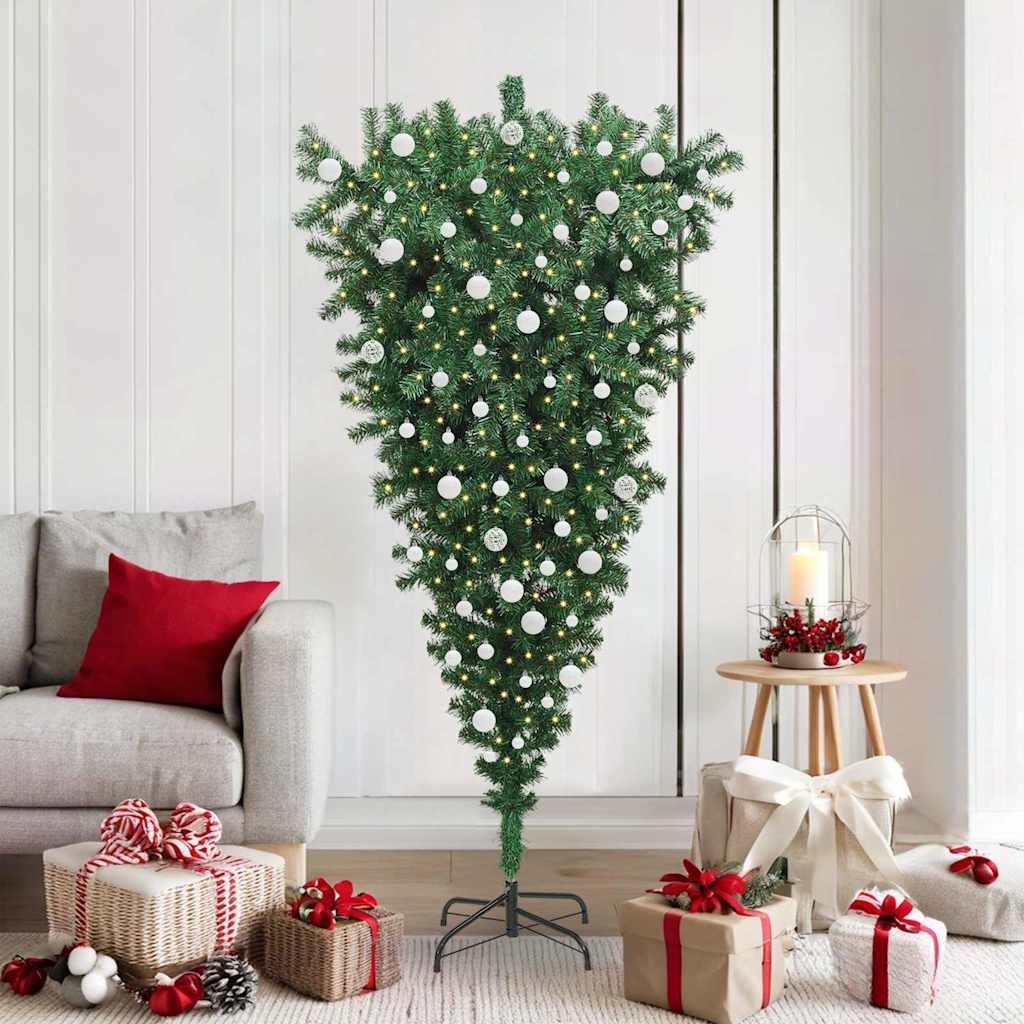 Opp-ned kunstig julegran med kule-sett grønn 180 cm PVC