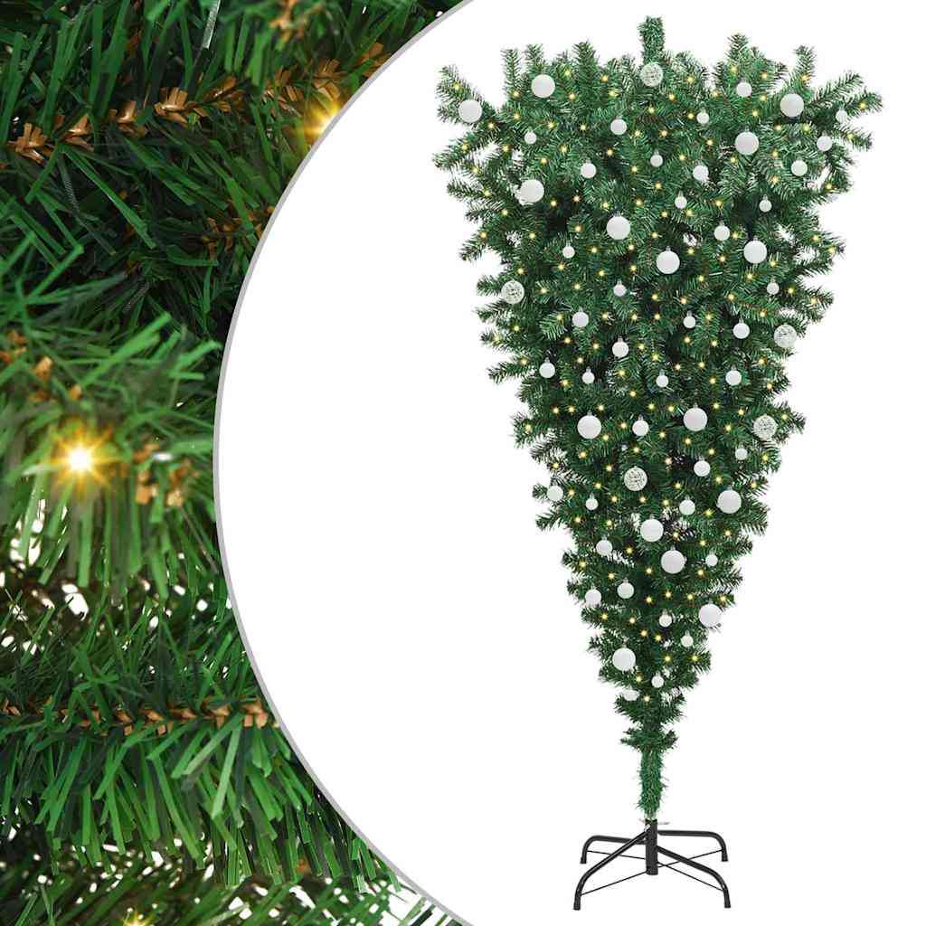 Opp-ned kunstig julegran med kule-sett grønn 180 cm PVC