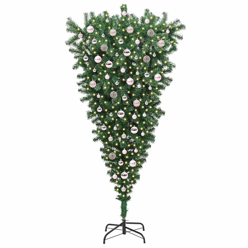 Opp-ned kunstig forhåndsbelyst juletre med kule sett 210 cm