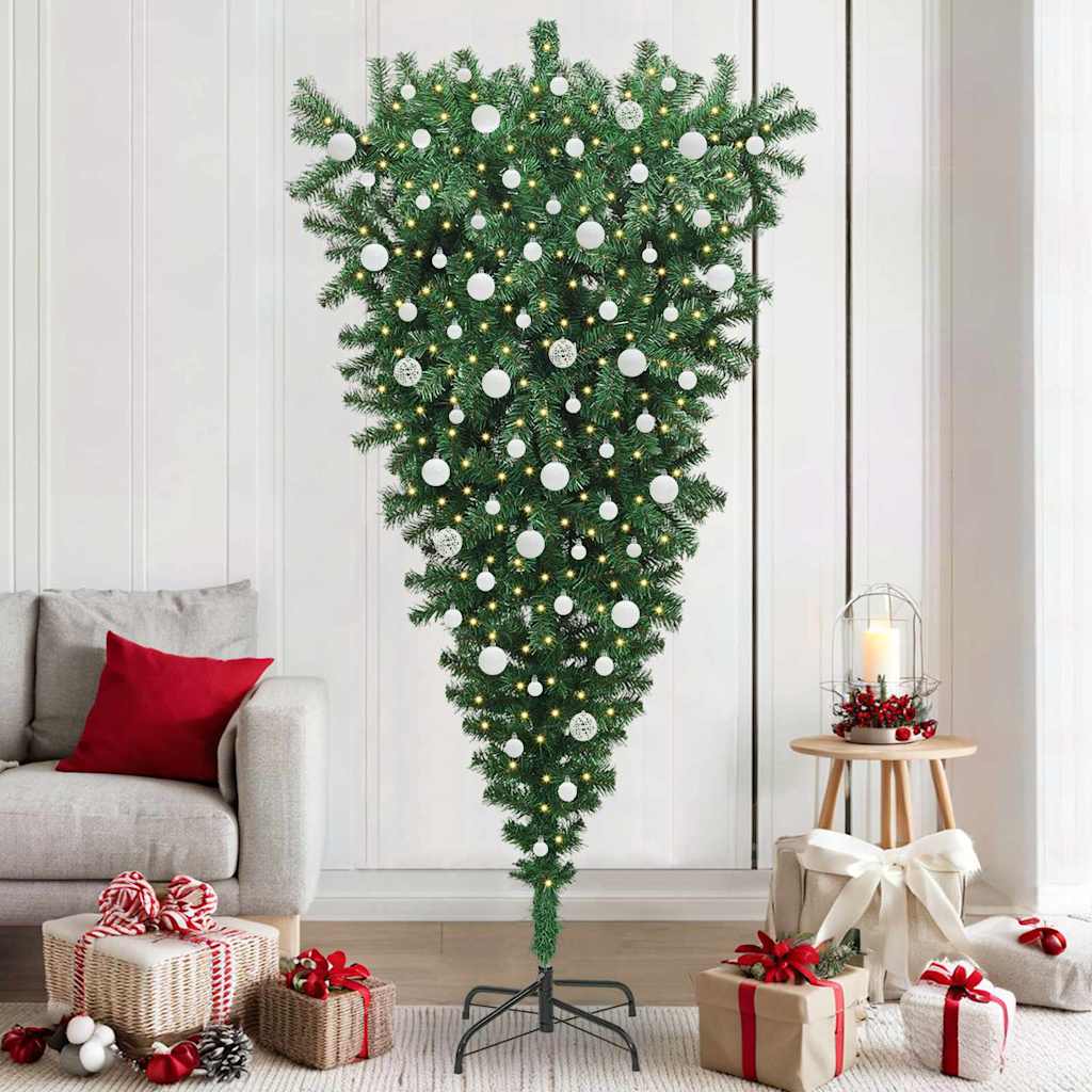Opp-ned kunstig juletræ med baller med 300 LED grønn 210 cm PVC