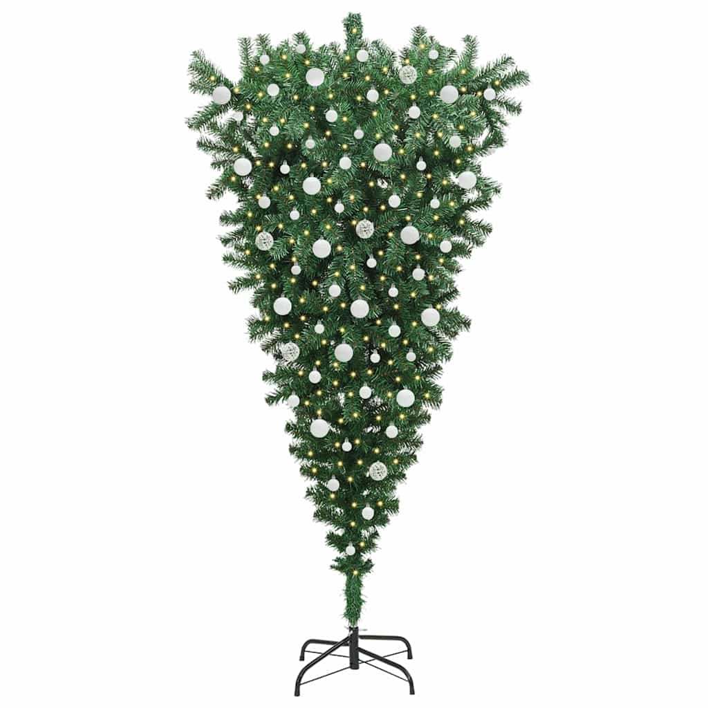 Opp-ned kunstig juletræ med baller med 300 LED grønn 210 cm PVC