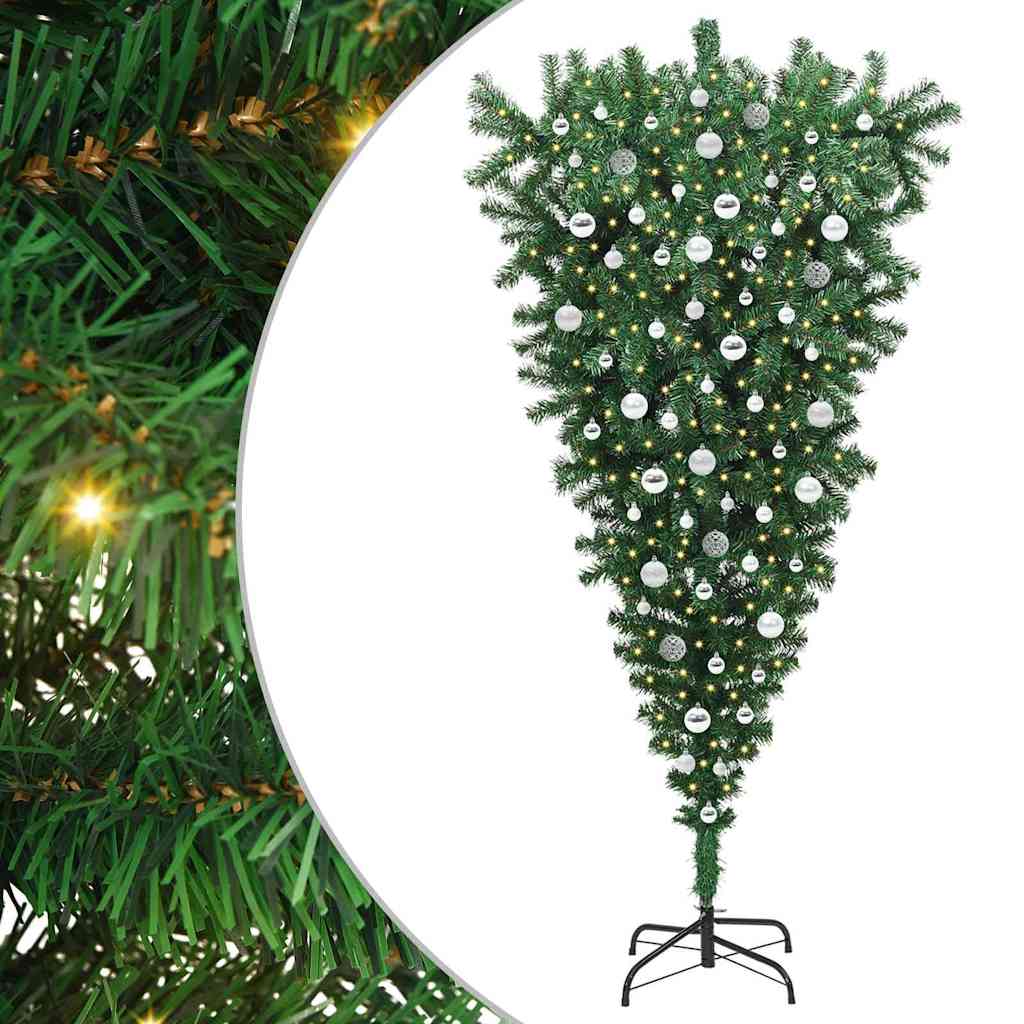 Opp-ned Kunstig Forbelyst Juletre med Kule Sett grønn 210 cm