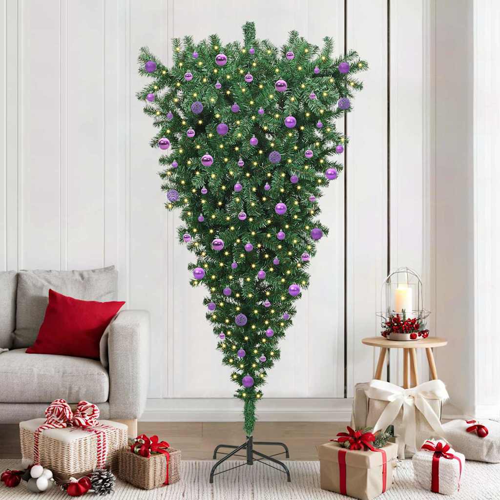 Omvendt kunstig ferdigbelyst juletre med kule sett grønn 210 cm