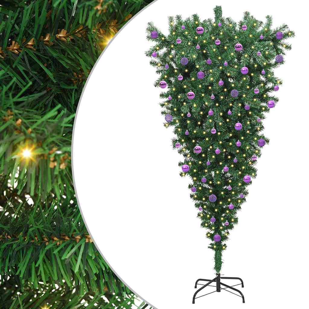 Omvendt kunstig ferdigbelyst juletre med kule sett grønn 210 cm
