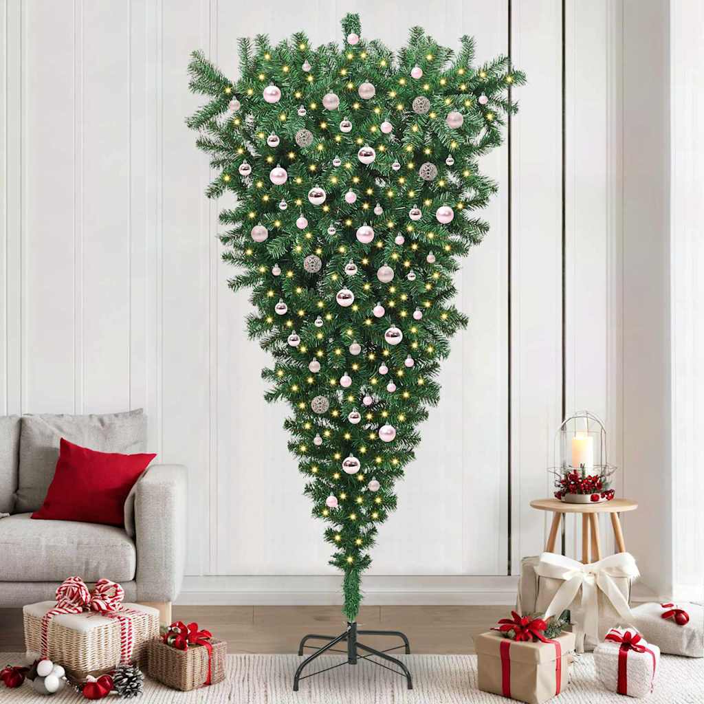 Opp-ned kunstig forlystelses juletre med kule sett grønn 240 cm