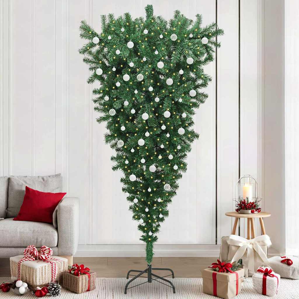 Opp-ned Kunstig Forbelyst Juletre med Balled grønn 240 cm PVC