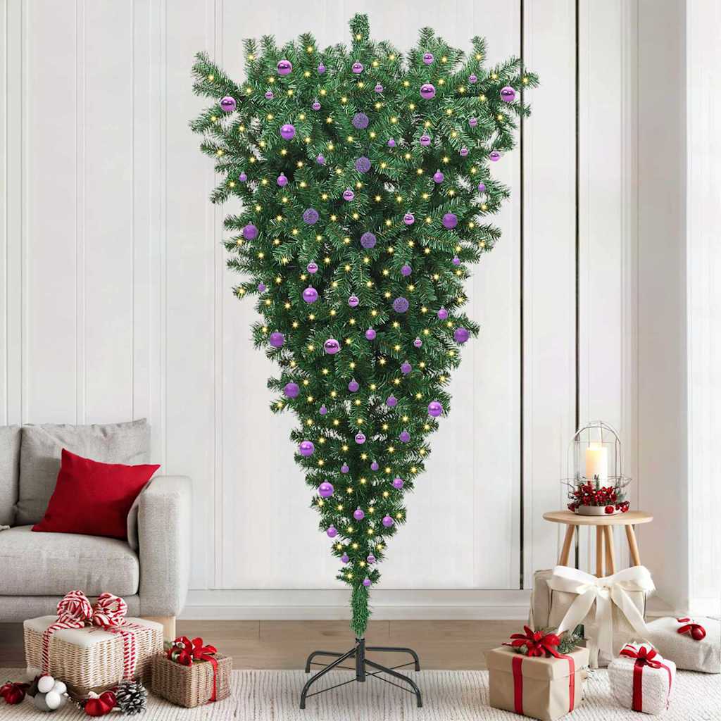 Opp-ned kunstig belyst juletre med kule-sett grønn 240 cm PVC