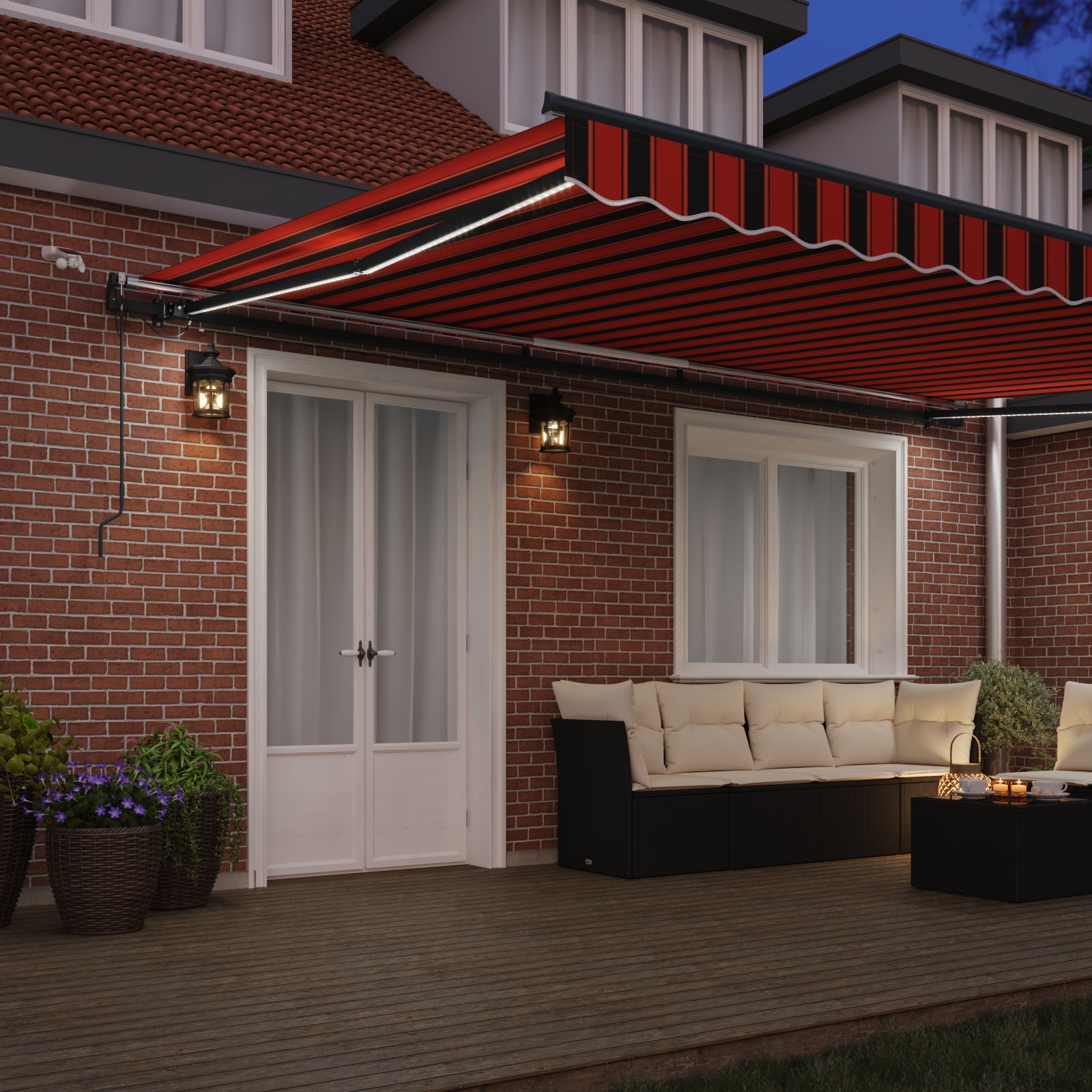 Automatisk uttrekkbar markise med LED i oransje og brun, 500x300 cm