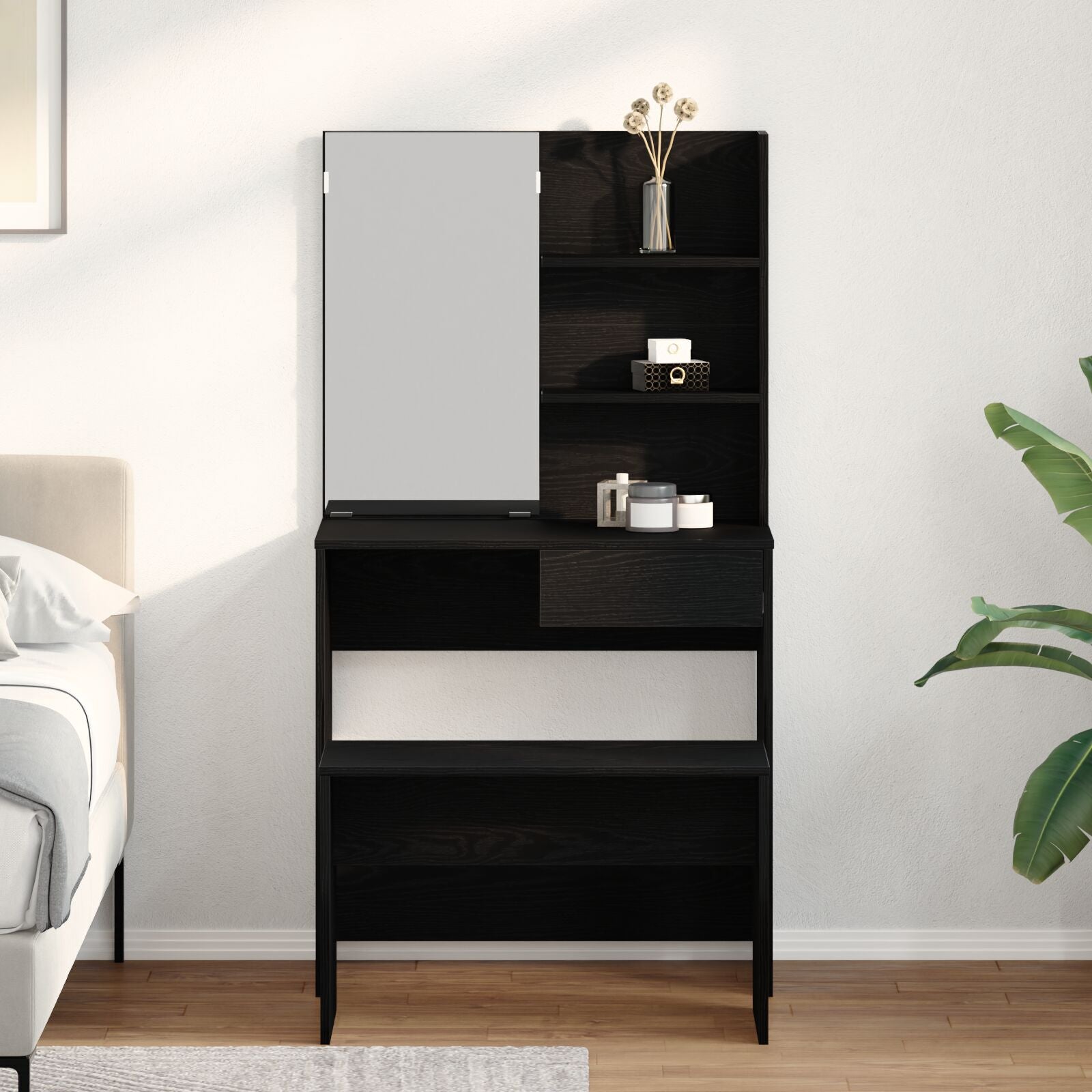 Sminkebordsett Svart Eik Ingeniørtre, vidaXL Svart Eik Sminkebord med speil - 74.5 x 40 x 141 cm, vidaXL Sminkebenk Svart Eik 70x35x45 cm Ingeniørtre