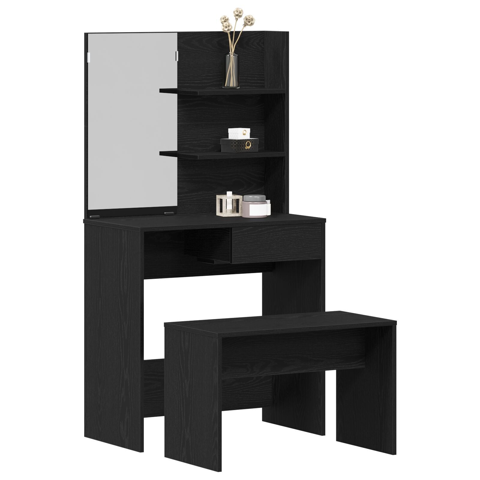 Sminkebordsett Svart Eik Ingeniørtre, vidaXL Svart Eik Sminkebord med speil - 74.5 x 40 x 141 cm, vidaXL Sminkebenk Svart Eik 70x35x45 cm Ingeniørtre