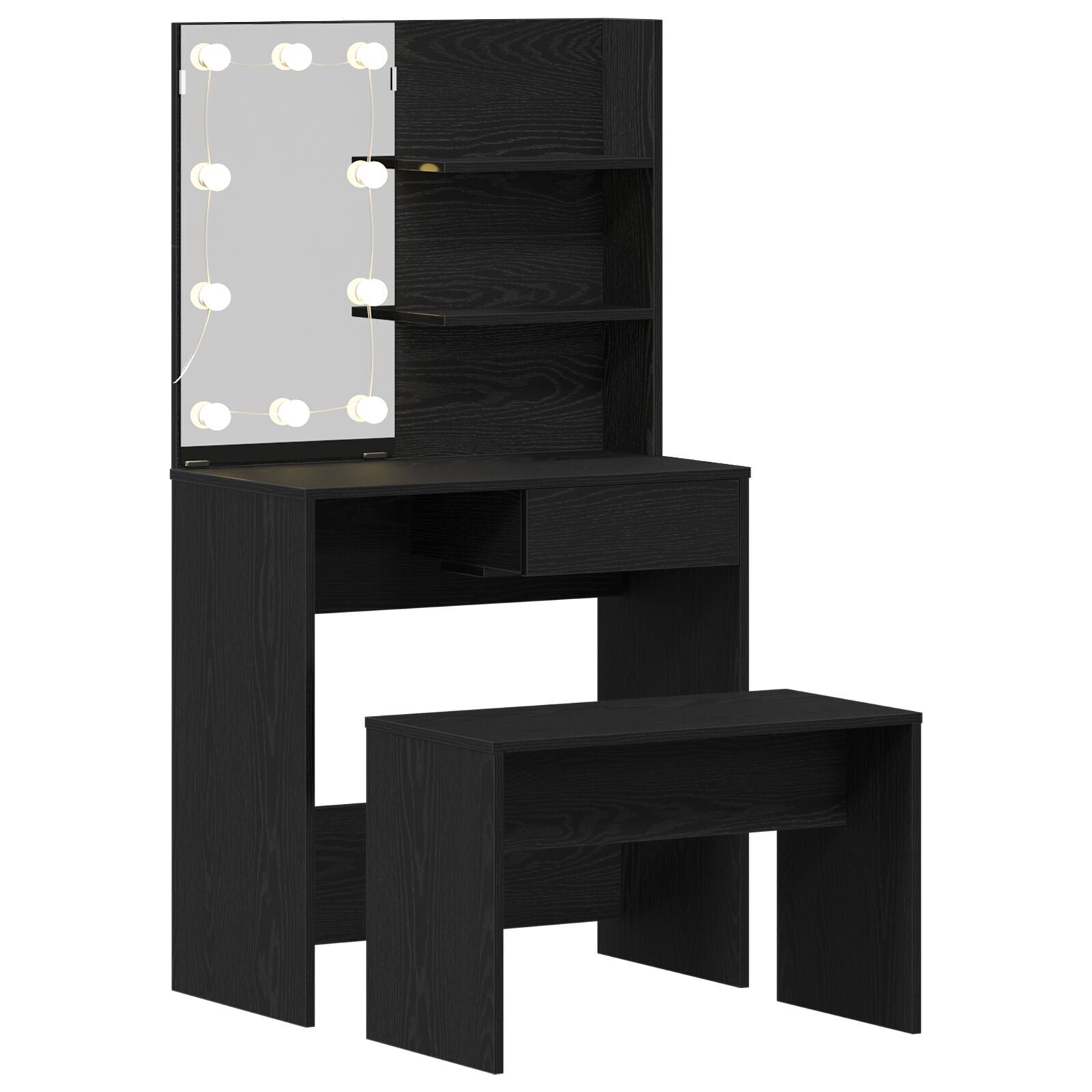 sminkebordsett med LED i svart eik og konstruert tre, vidaXL LED sminkebord i svart eik - 74,5 x 40 x 141 cm, laget av konstruert tre, vidaXL sminkestol i svart eik 70 x 35 x 45 cm i konstruert tre