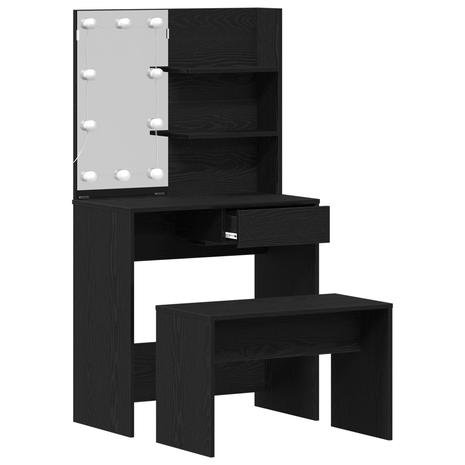 sminkebordsett med LED i svart eik og konstruert tre, vidaXL LED sminkebord i svart eik - 74,5 x 40 x 141 cm, laget av konstruert tre, vidaXL sminkestol i svart eik 70 x 35 x 45 cm i konstruert tre
