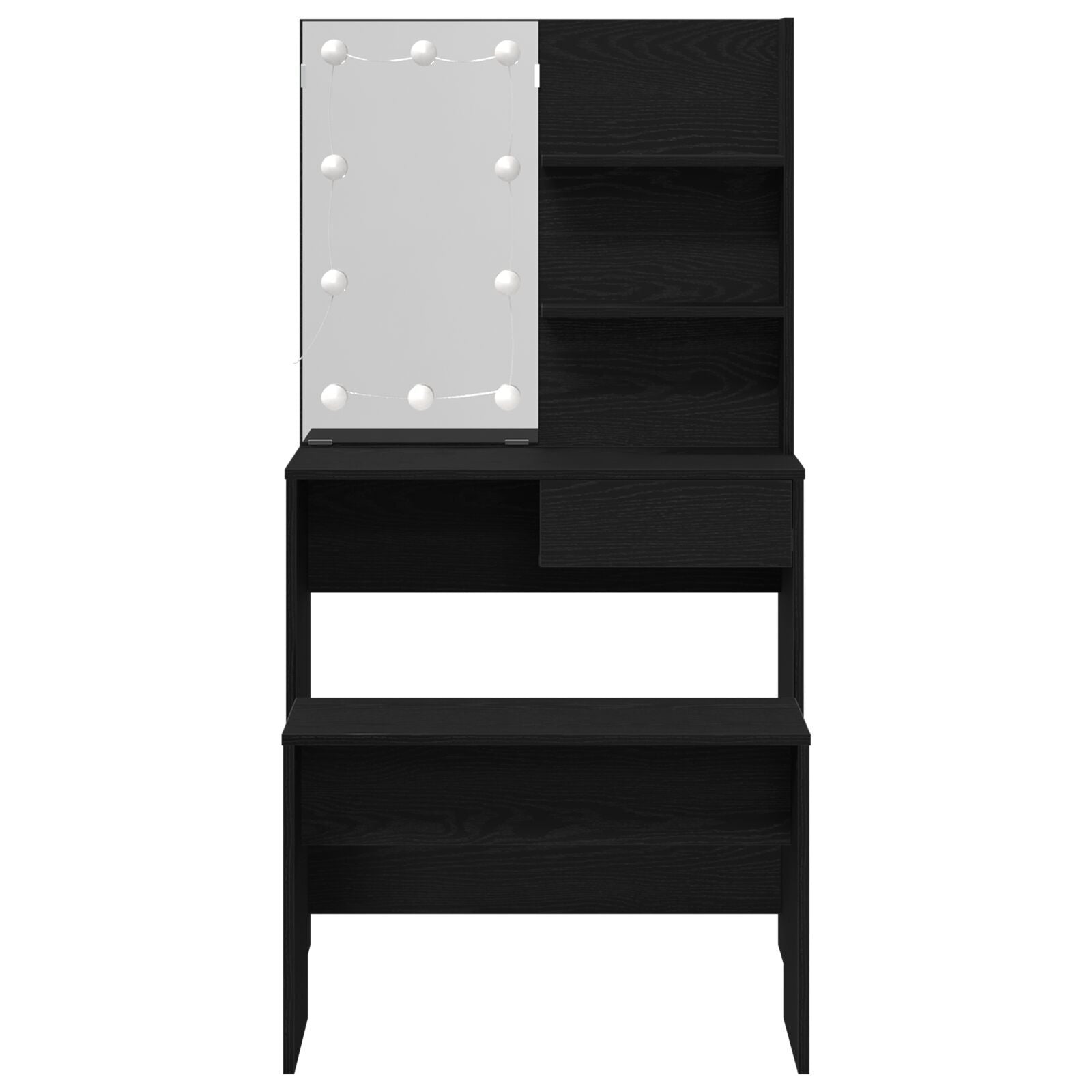 sminkebordsett med LED i svart eik og konstruert tre, vidaXL LED sminkebord i svart eik - 74,5 x 40 x 141 cm, laget av konstruert tre, vidaXL sminkestol i svart eik 70 x 35 x 45 cm i konstruert tre