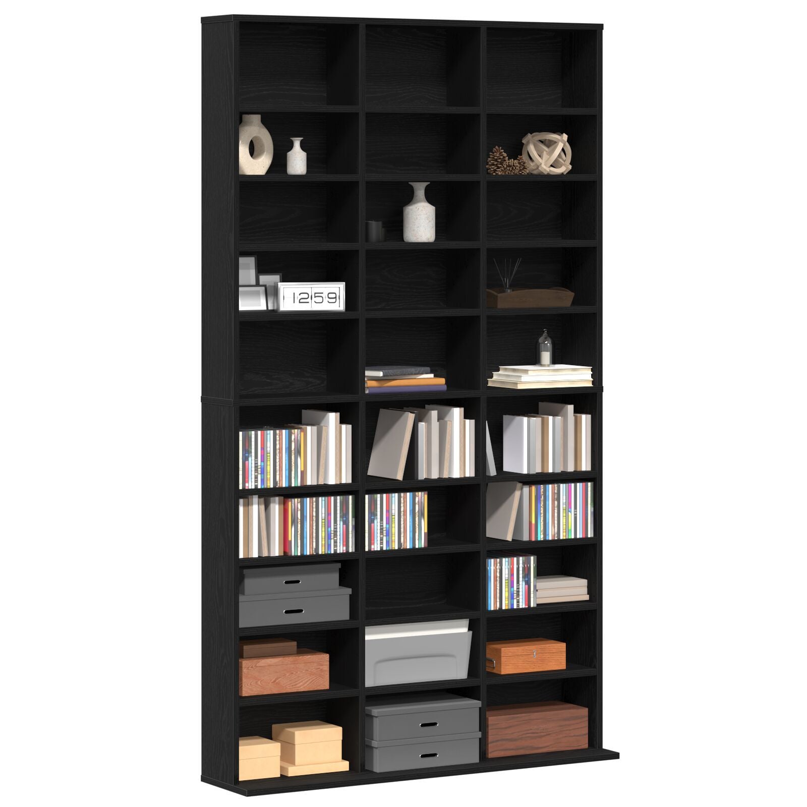 CD-hylle i svart eik 101x23x177,5 cm laget av konstruert tre