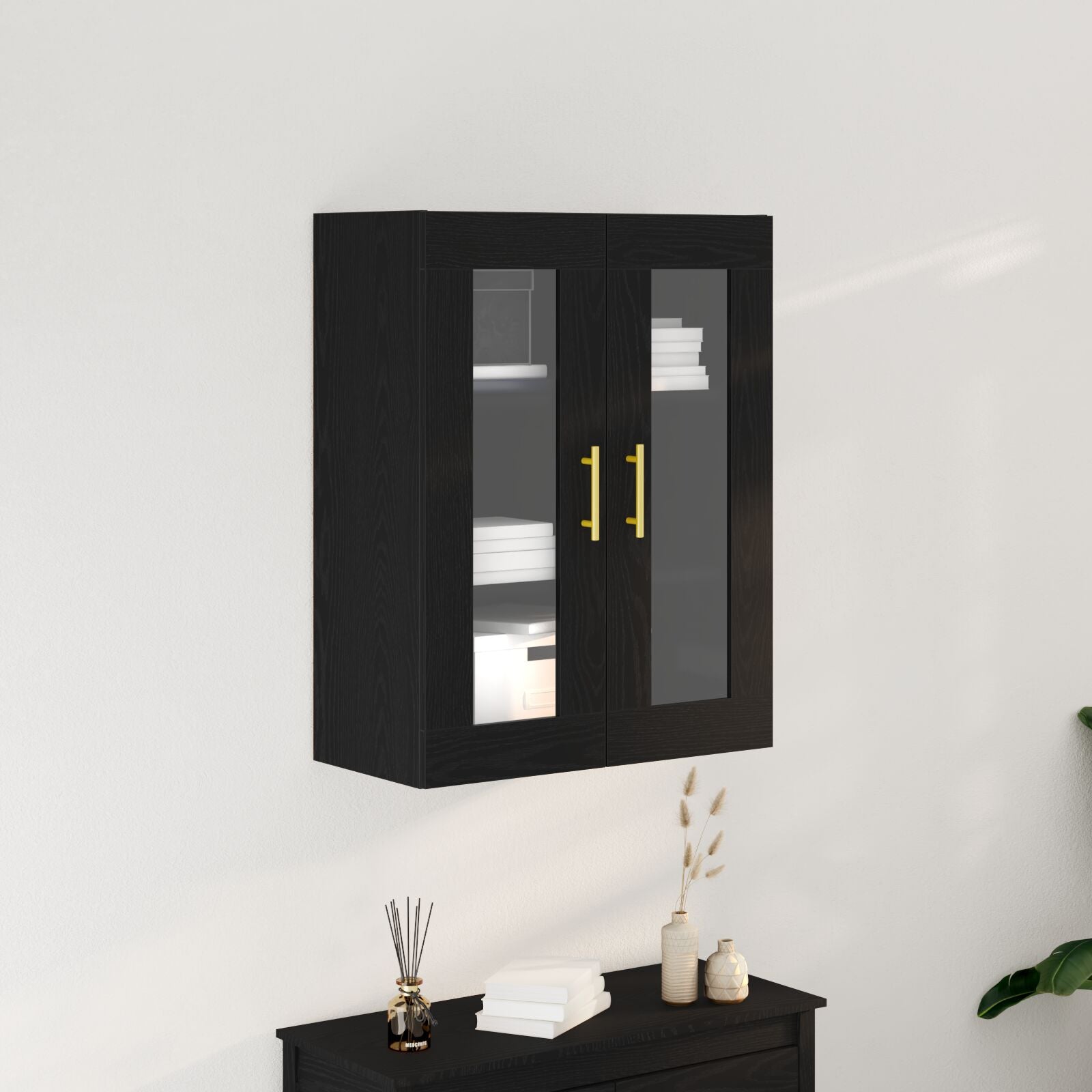 Vegghengt skap med glassdører svart eik 69,5x34x90 cm