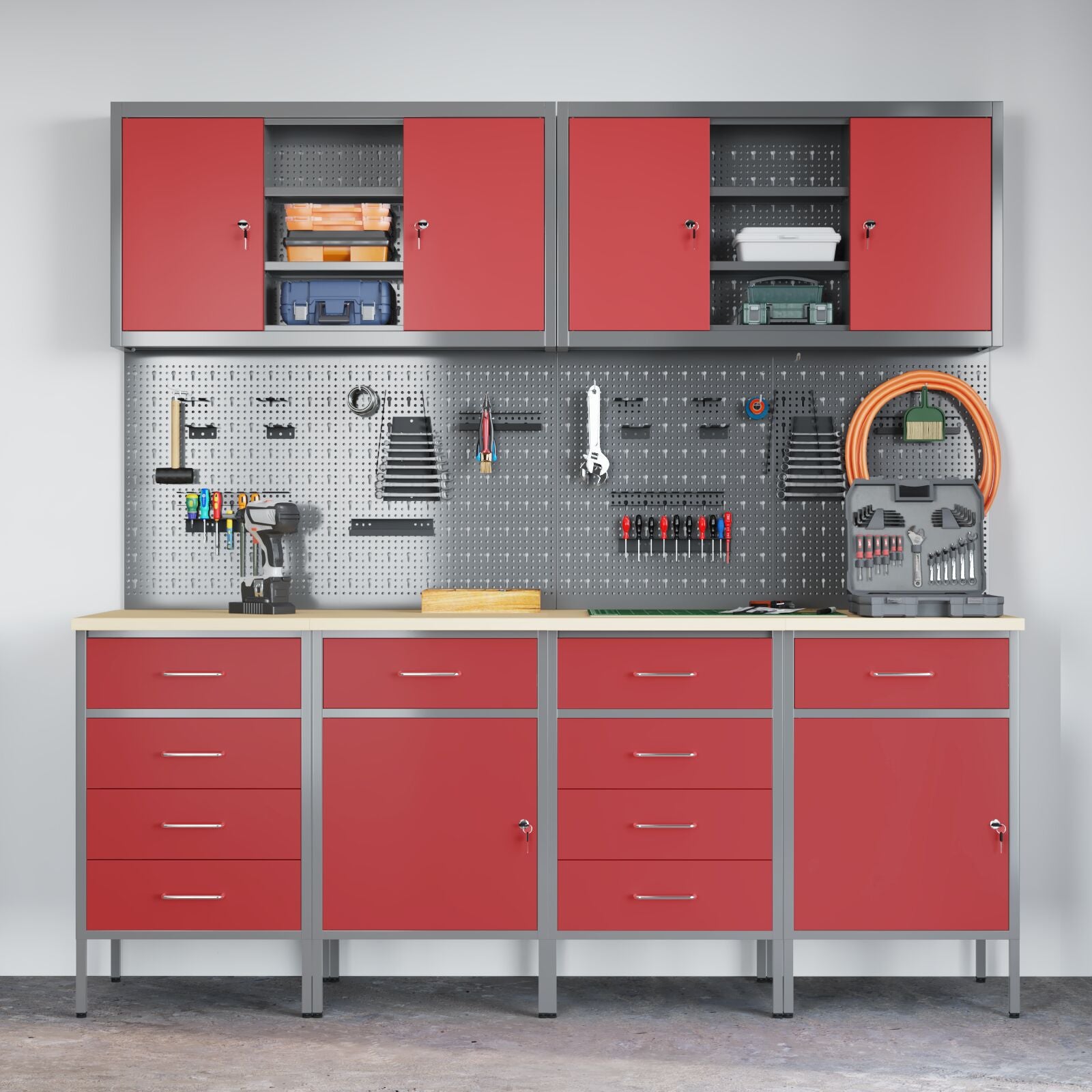 10-delt arbeidskabinet og pegboard-sett Rød MDF og metall