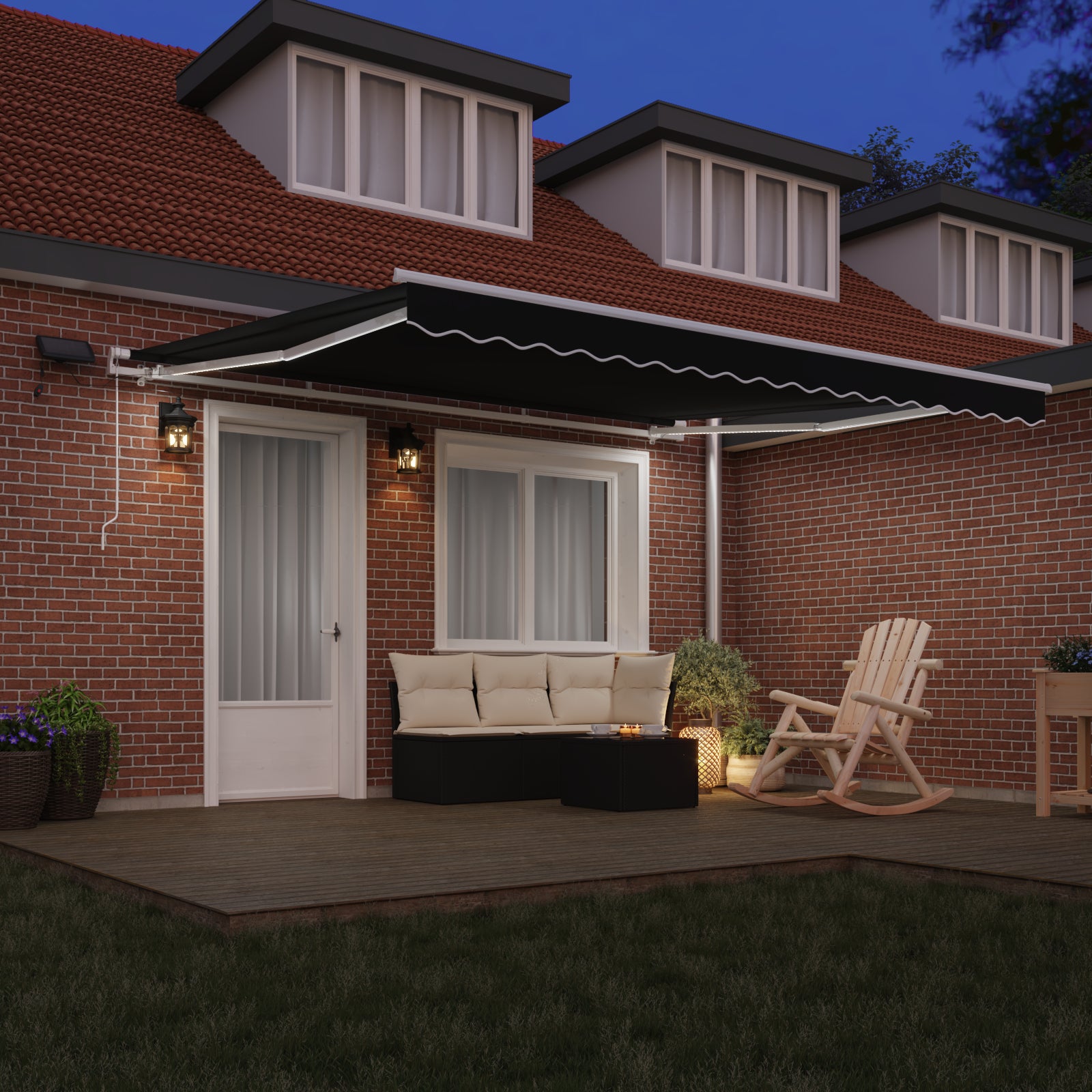 manuell utrekkbar markise med LED svart 400x350 cm, vidaXL markise erstatningsstoff for 4x3.5 m ramme svart