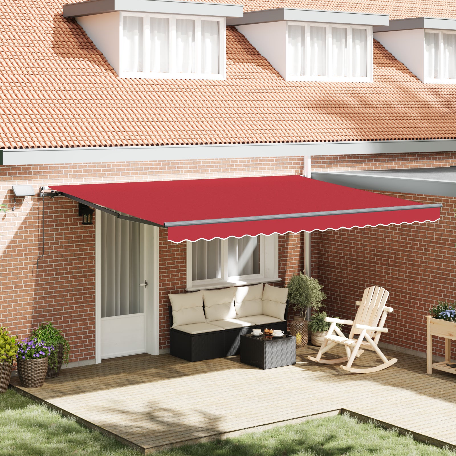 manuell uttrekkbar markise med LED rød 450x300 cm, vidaXL markise erstatningsstoff for 4.5x3 m ramme rød