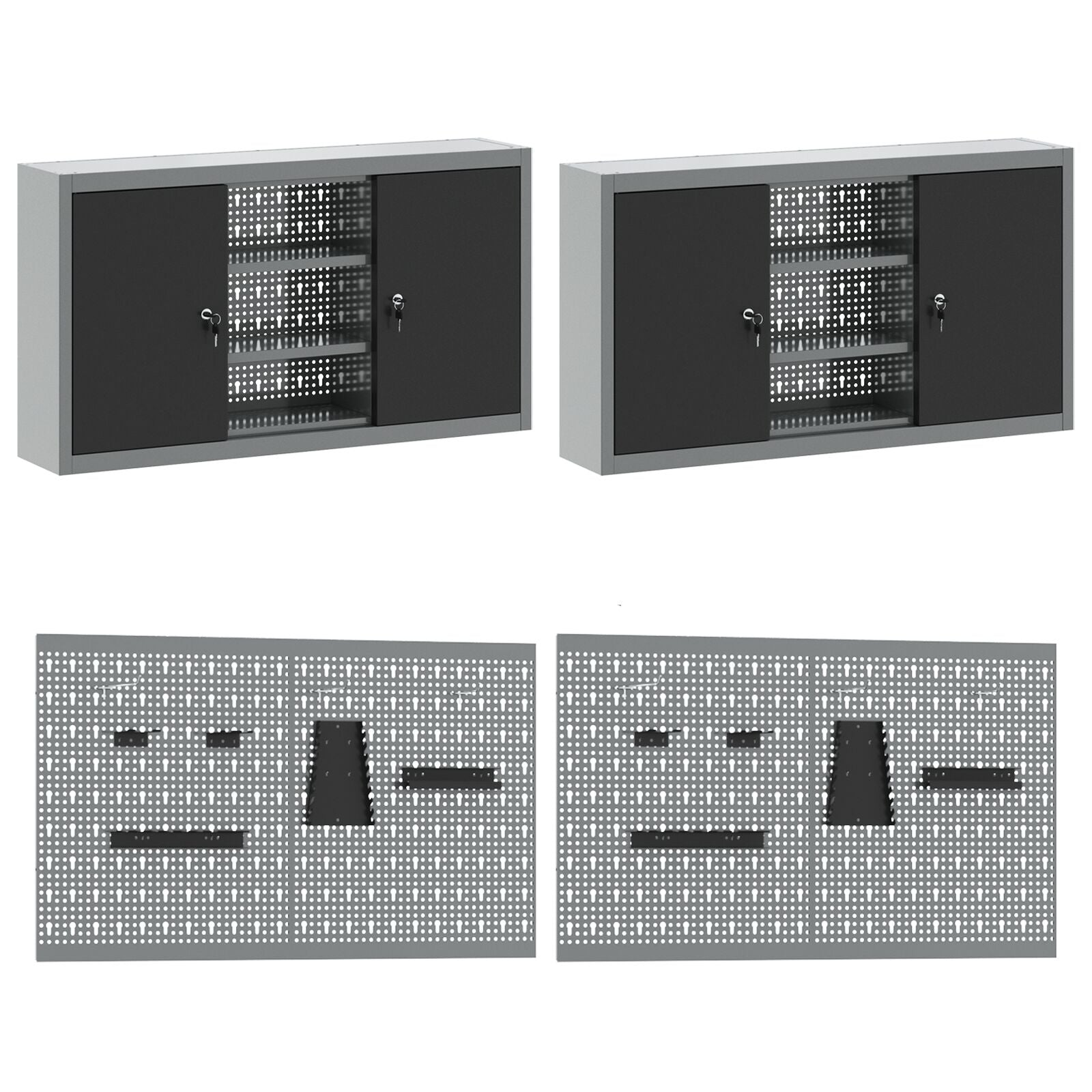 10-delt arbeidskabinett- og pegboard-sett i svart MDF og metall