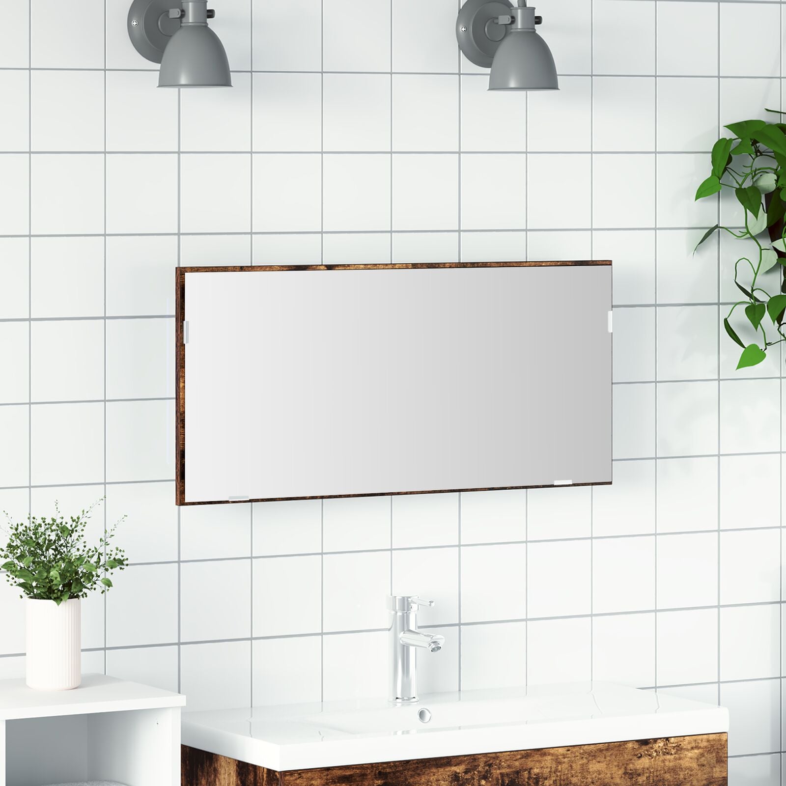 Baderom Speilskap med LED Lys Røkt Eik 80x37 cm