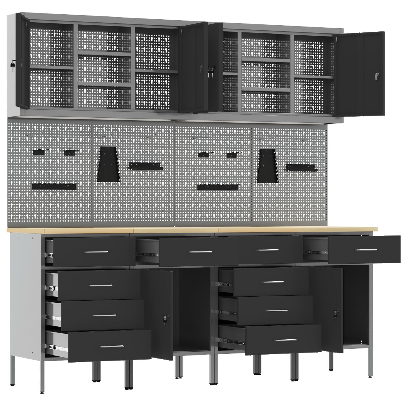 10-delt arbeidskabinet og plategassett i svart MDF og metall