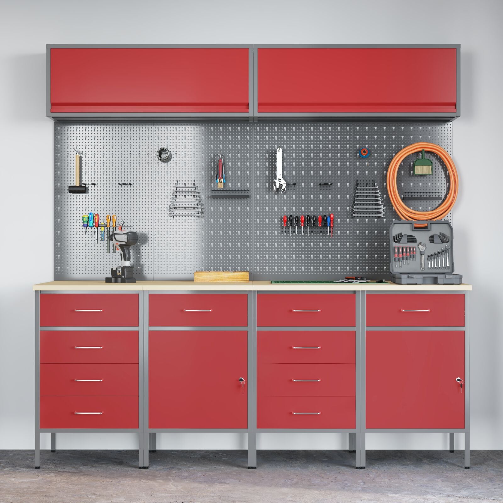 10-delt arbeidskap og pegboard sett i rødt MDF og metall
