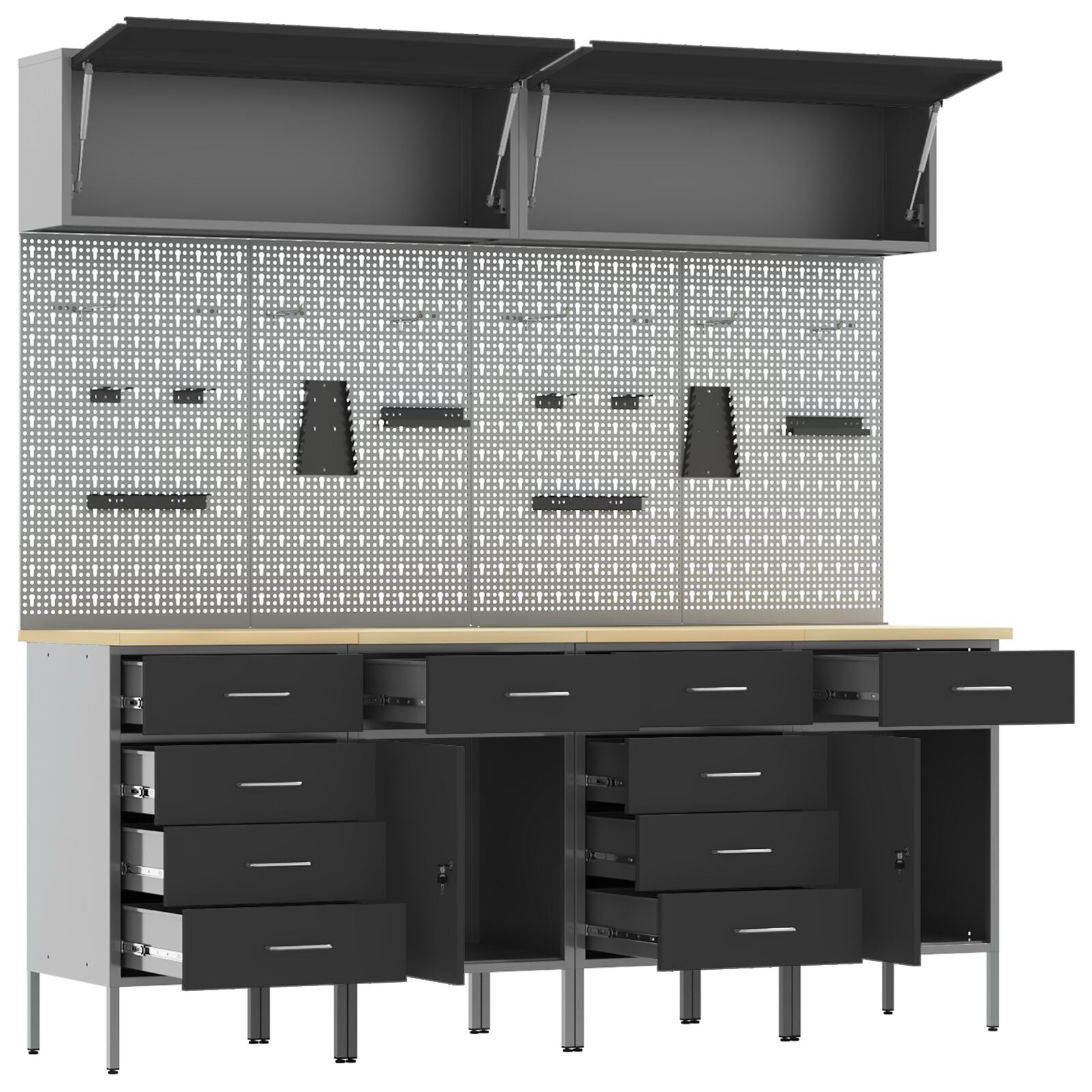 10-delt arbeidskabinet og pegboard sett svart MDF og metall
