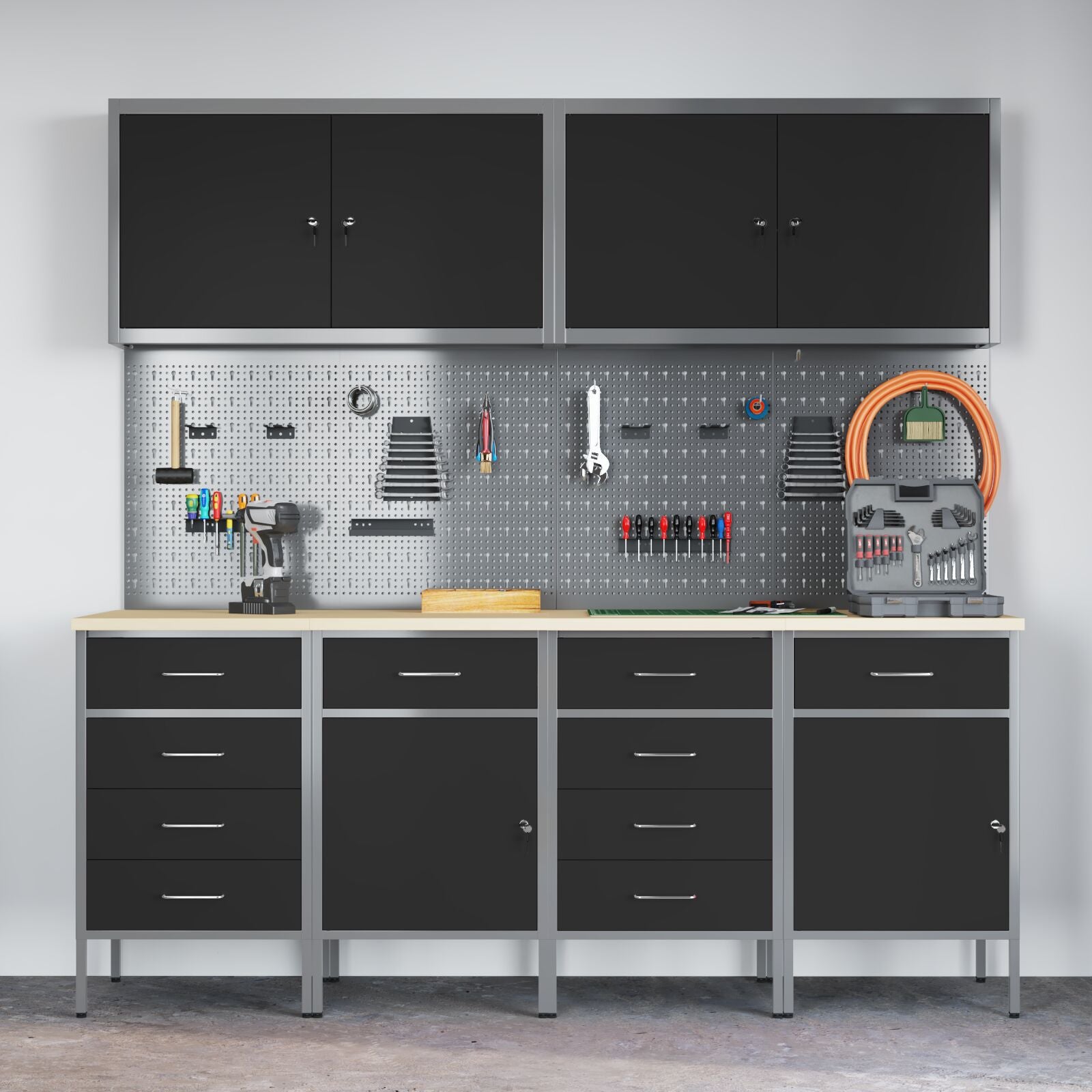 10-delt arbeidskabinet og pegboard-sett i svart MDF og metall