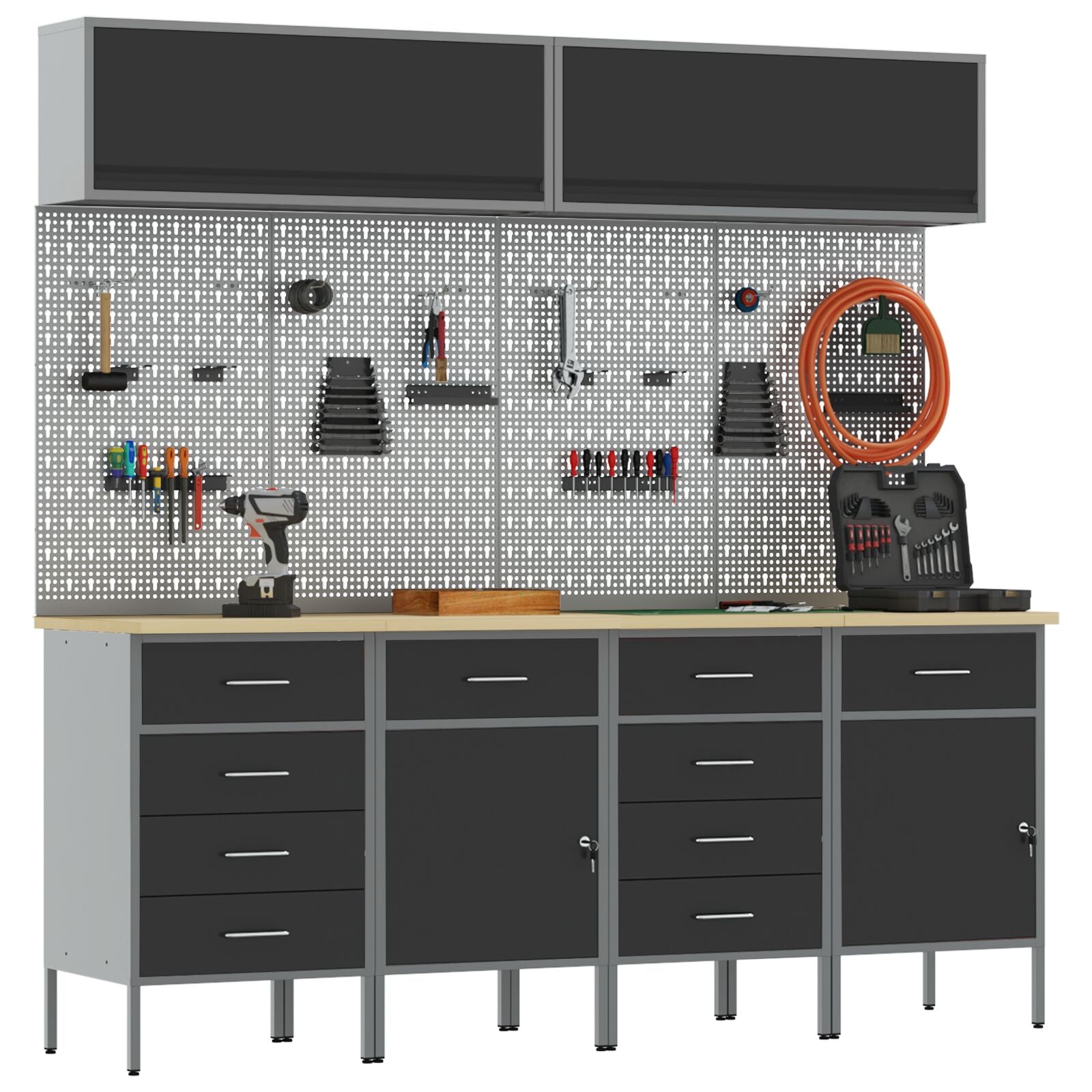 10-delt arbeidskabinet og pegboard sett svart MDF og metall