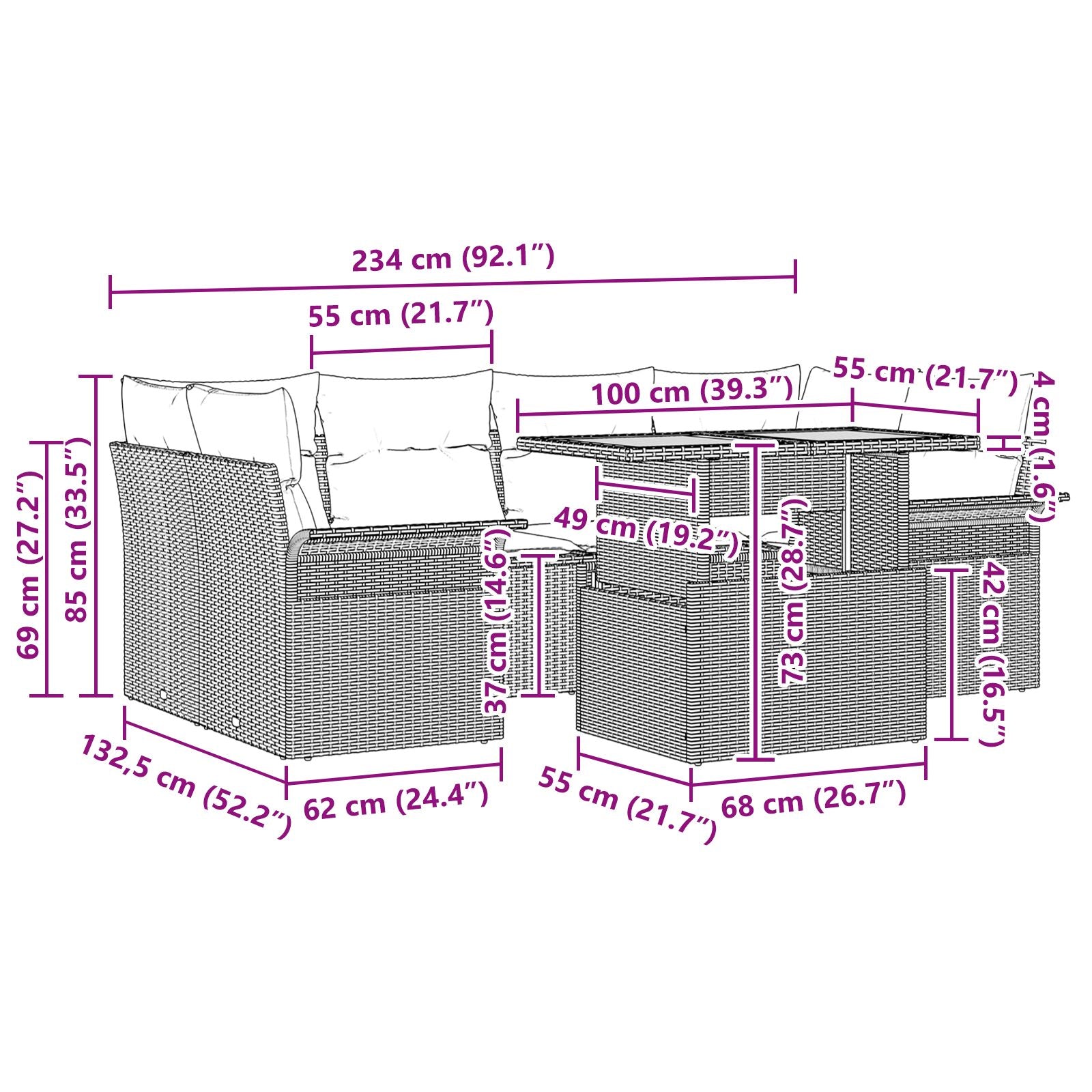 7-delt hagesofa-sett med puter Beige Poly Rattan Akasietre