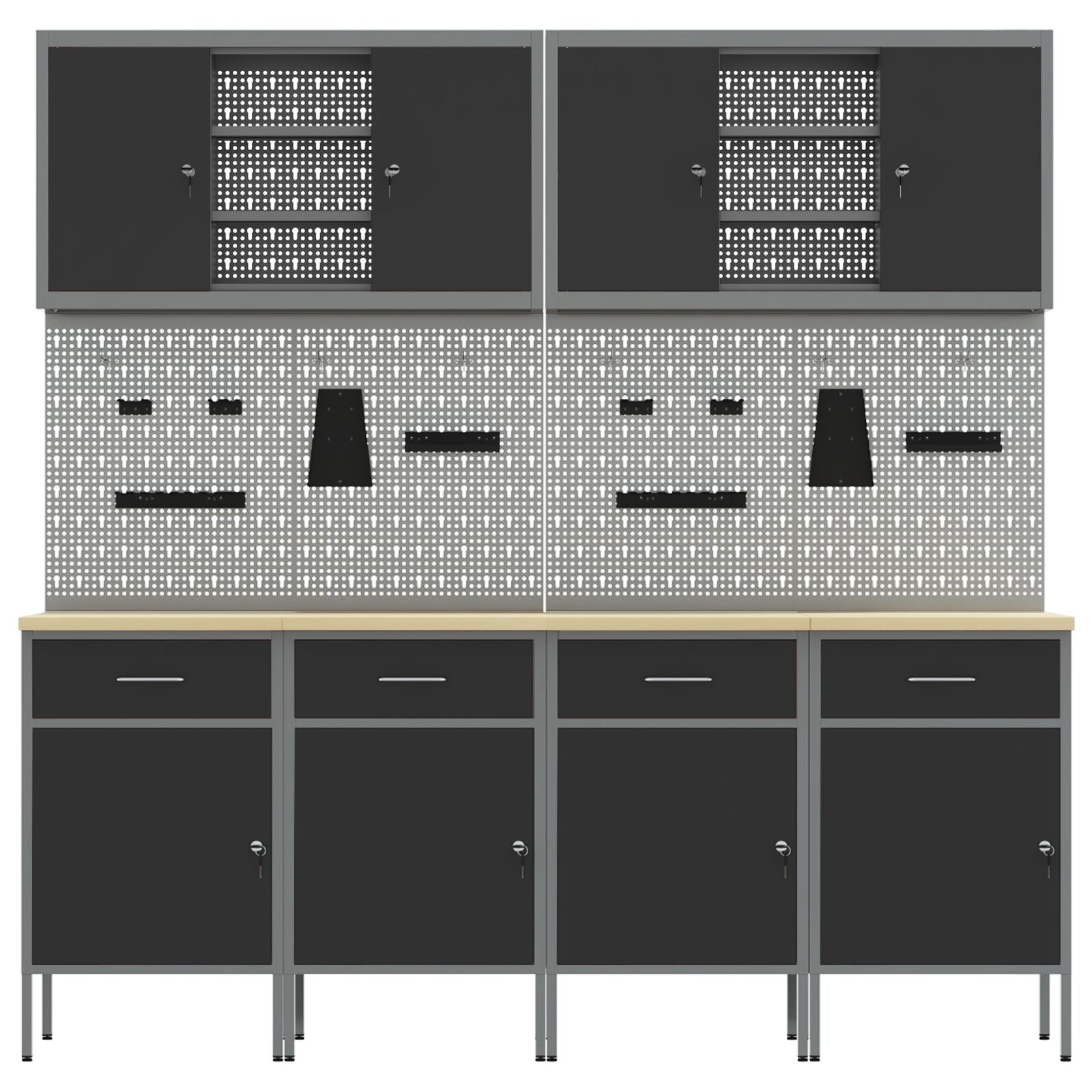 10-delt arbeidskabinett- og pegboard-sett i svart MDF og metall