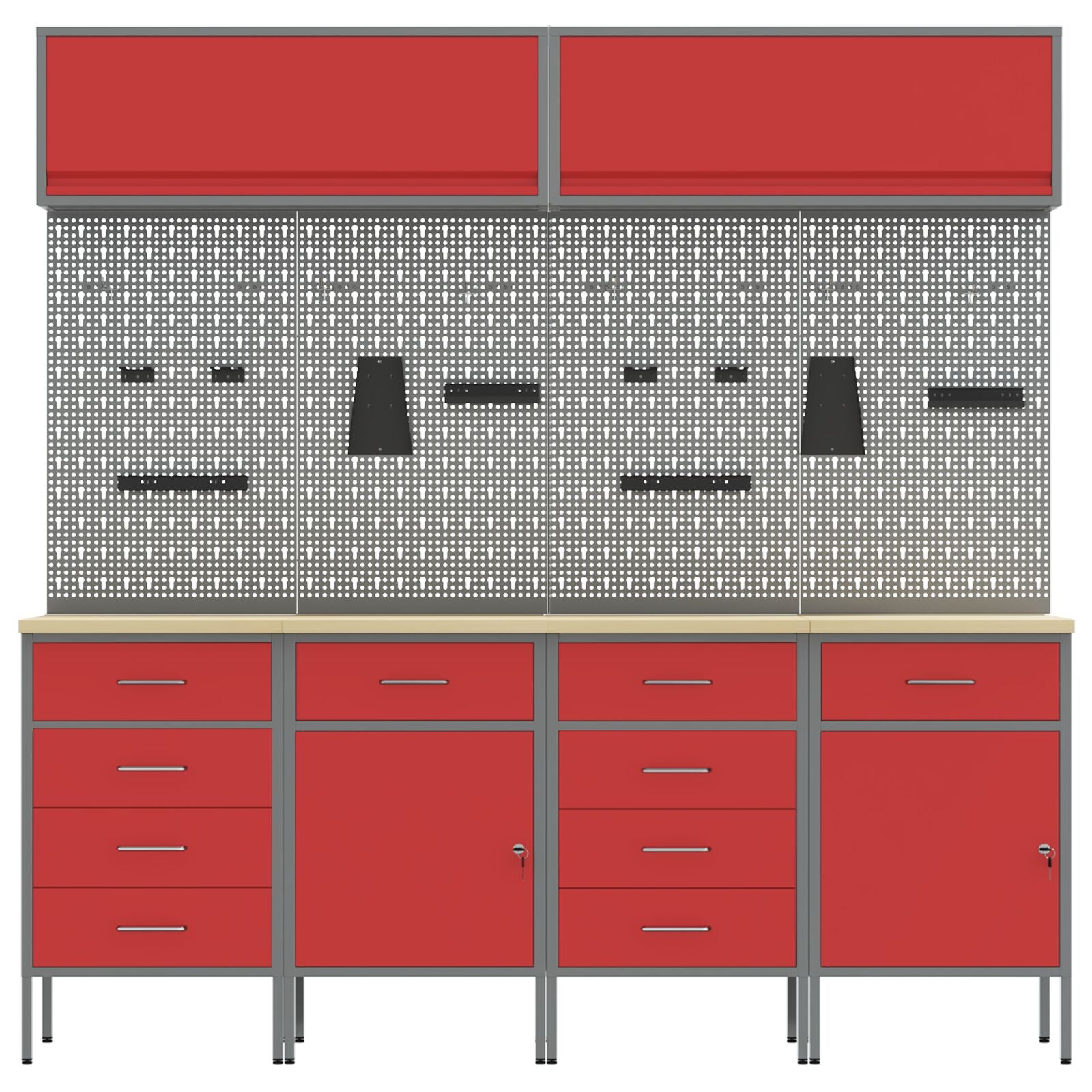 10-delt arbeidskap og pegboard sett i rødt MDF og metall