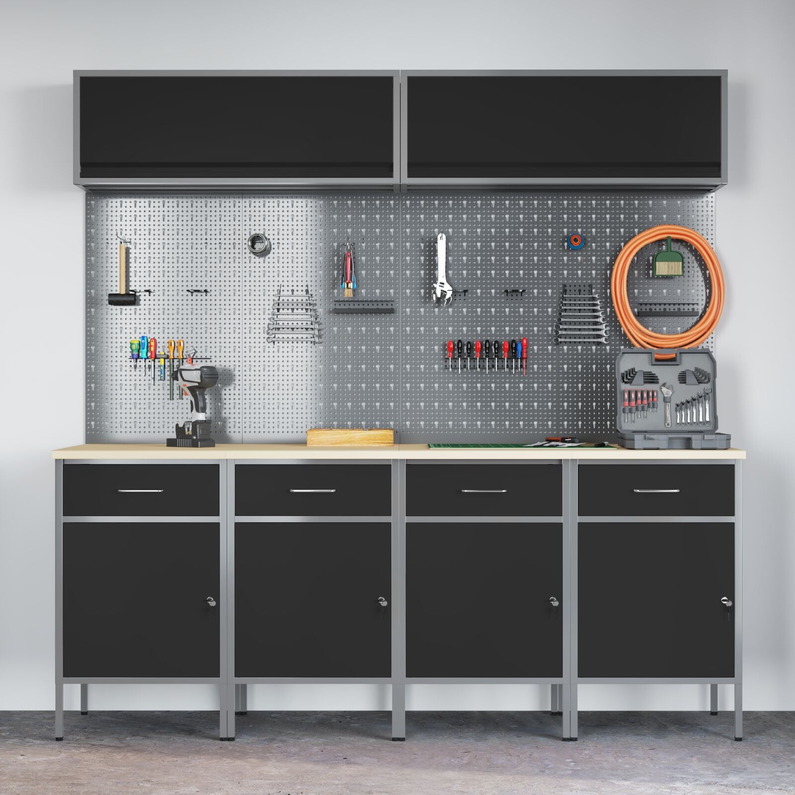 10-delt arbeidskabinett og pegboard-sett svart MDF og metall