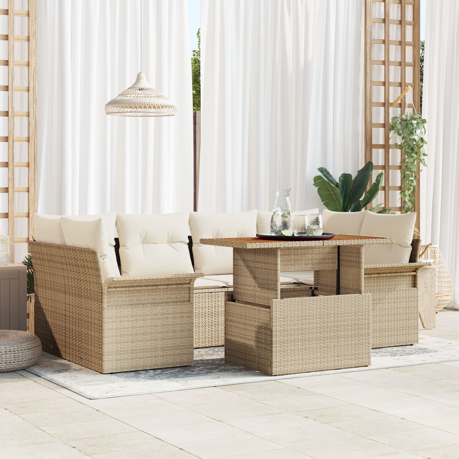 7-delt hagesofa-sett med puter Beige Poly Rattan Akasietre