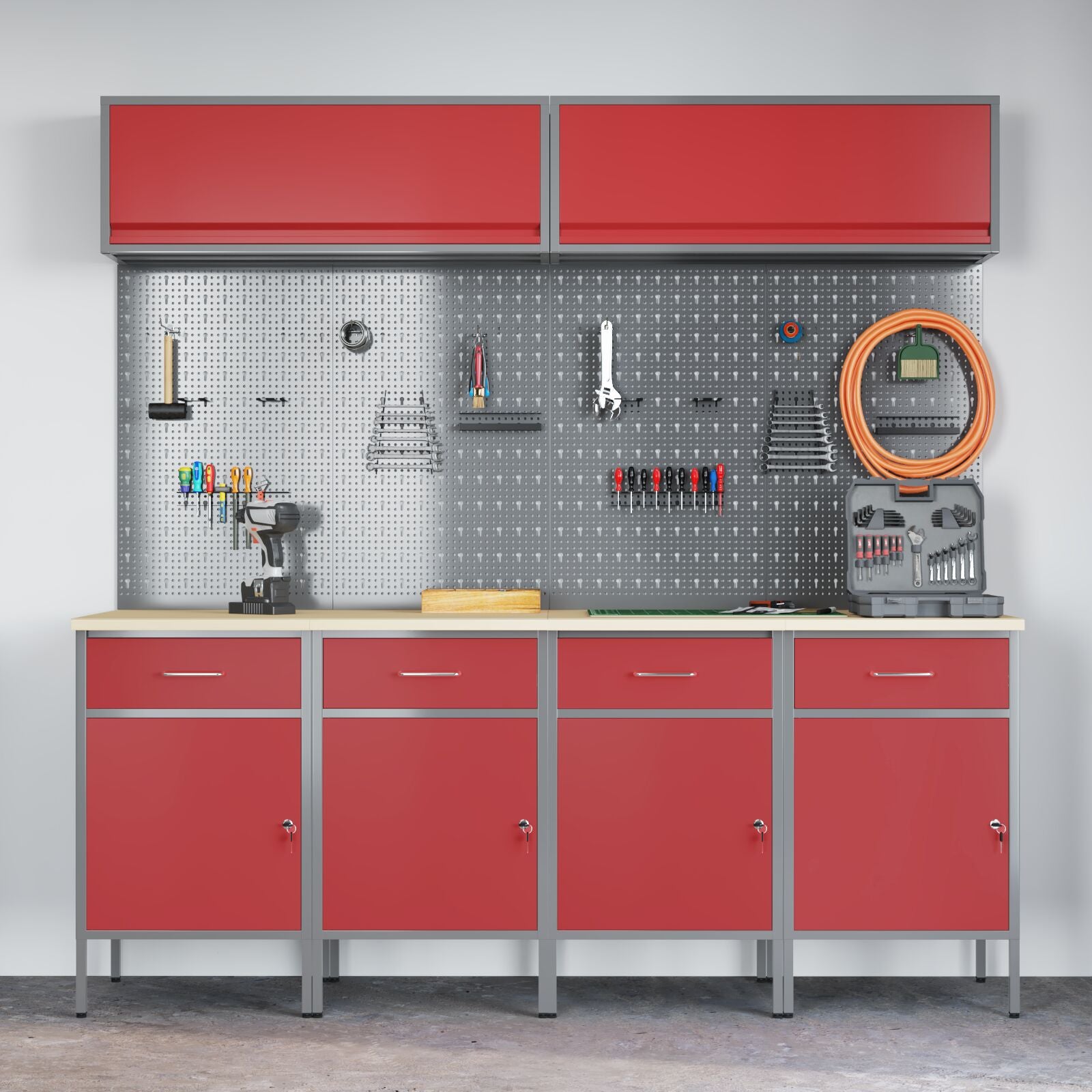 10-dels arbeidskabinett og pegboard sett i rød MDF og metall
