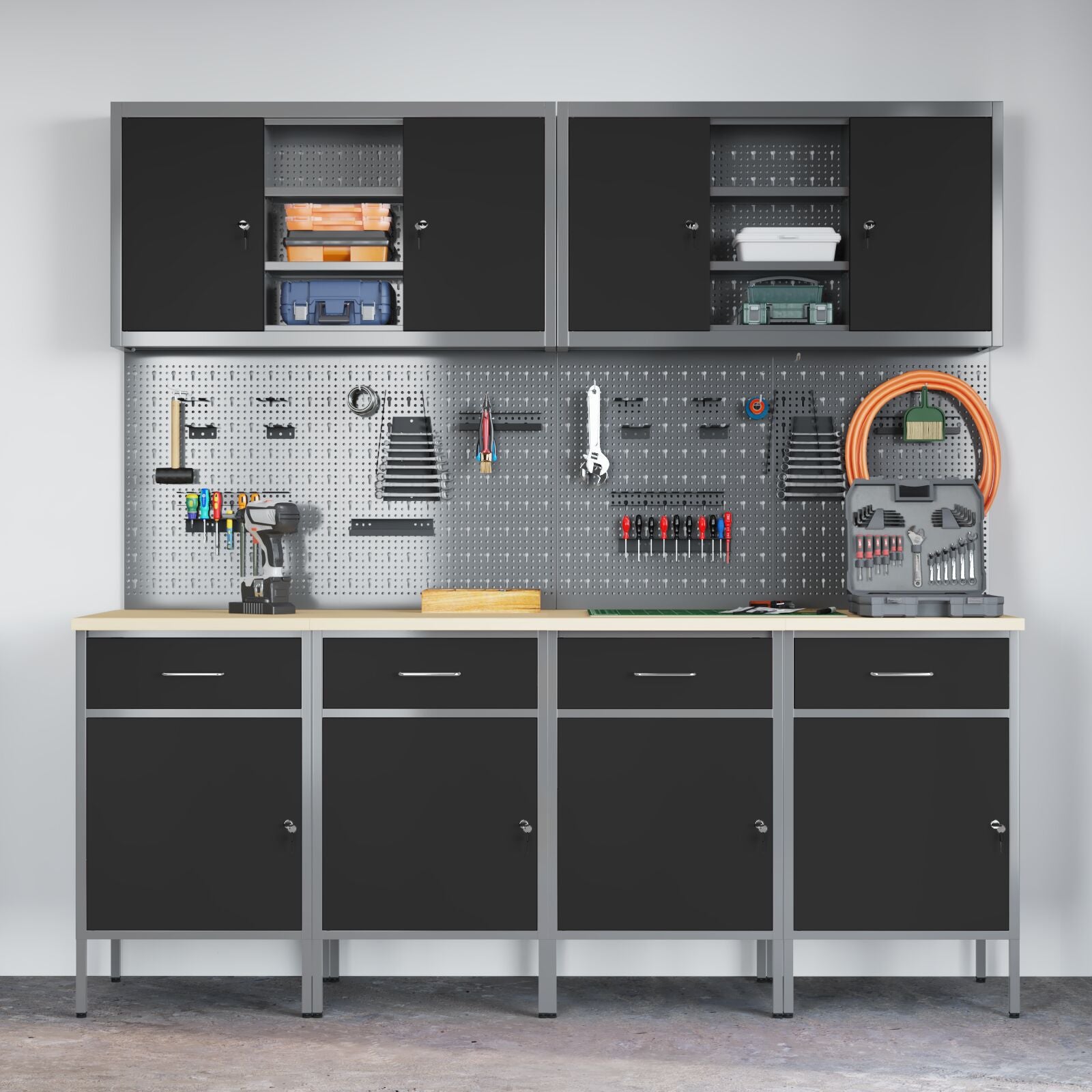 10-delt arbeidskabinett- og pegboard-sett i svart MDF og metall