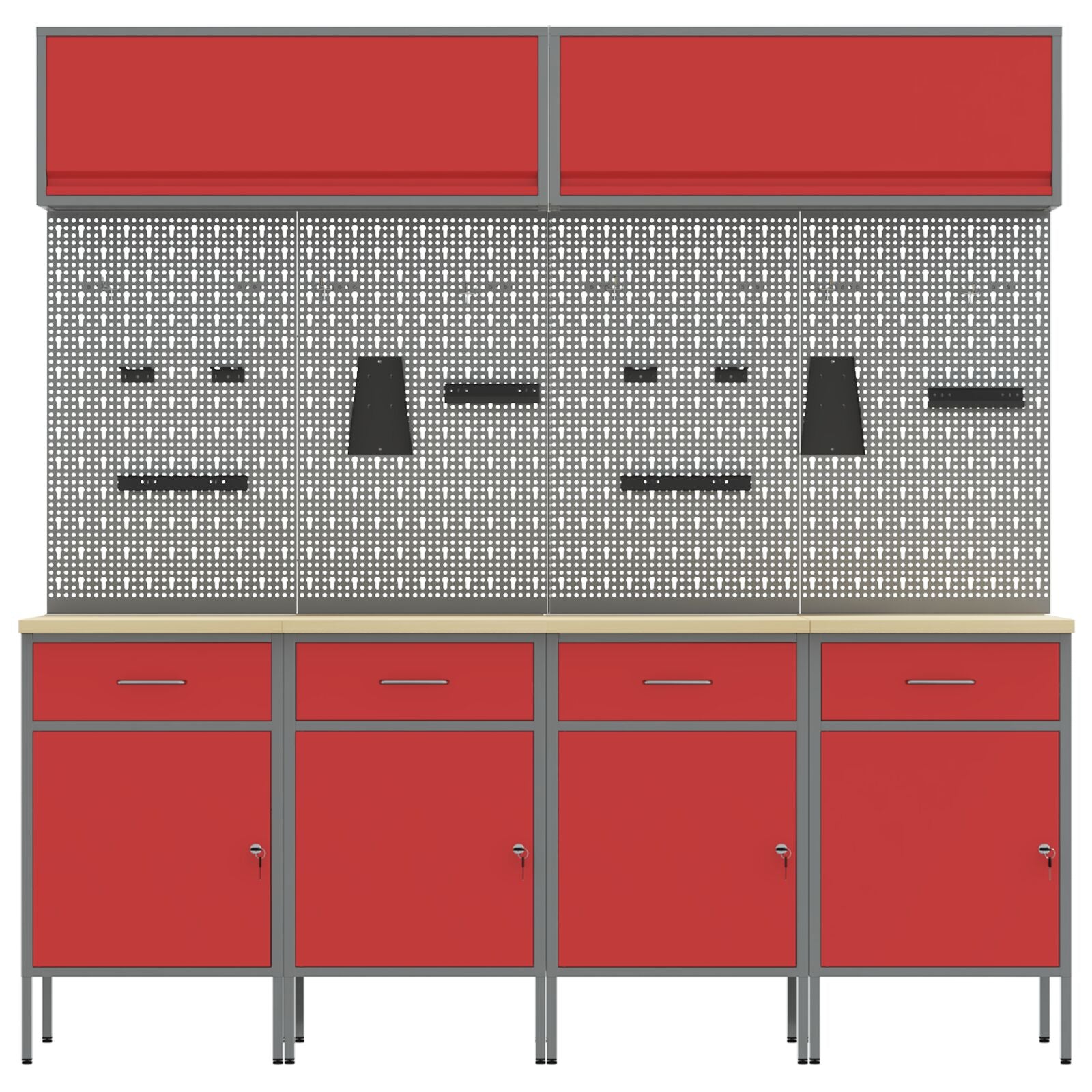 10-dels arbeidskabinett og pegboard sett i rød MDF og metall