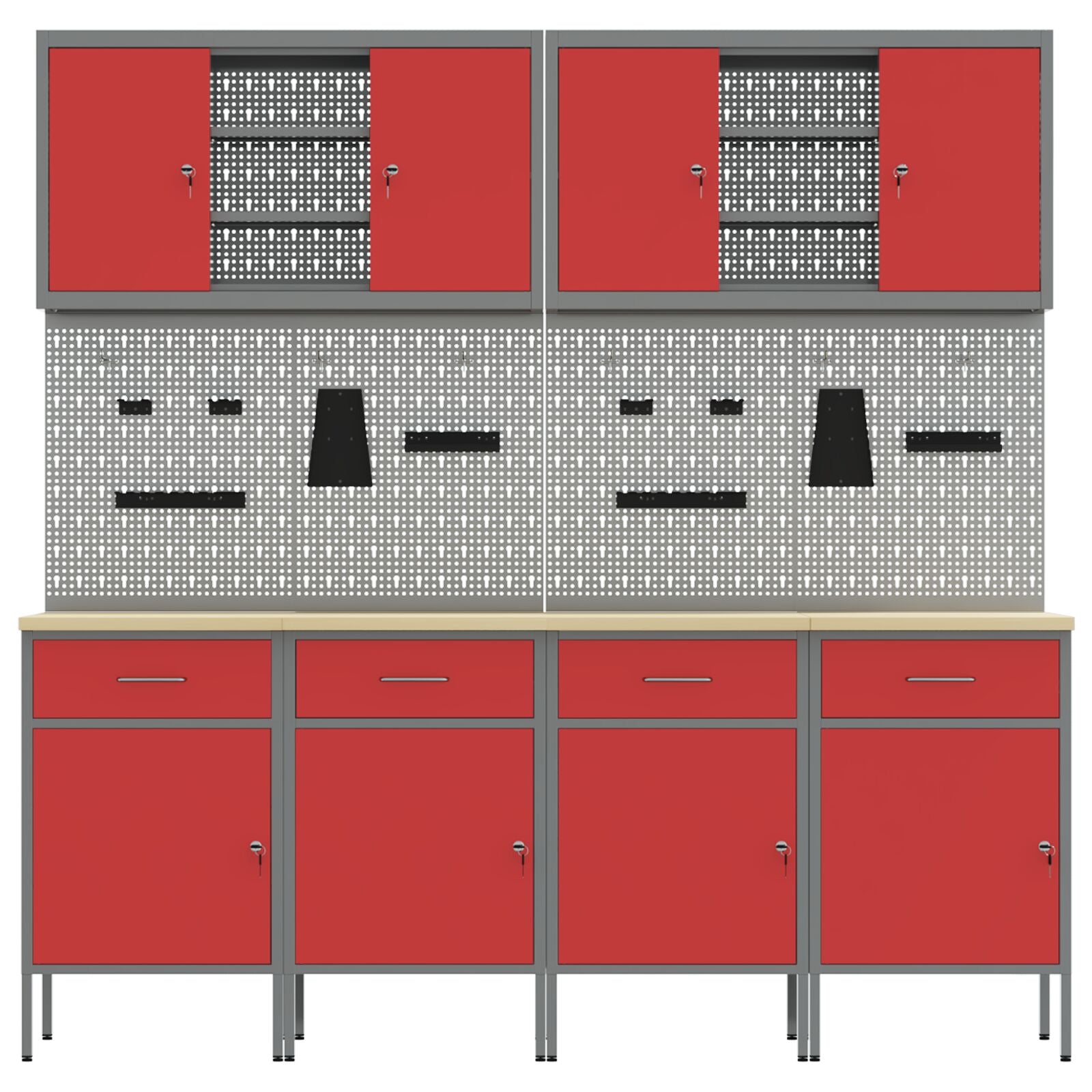 10-delt arbeidskabinet og pegboard sett i rød MDF og metall
