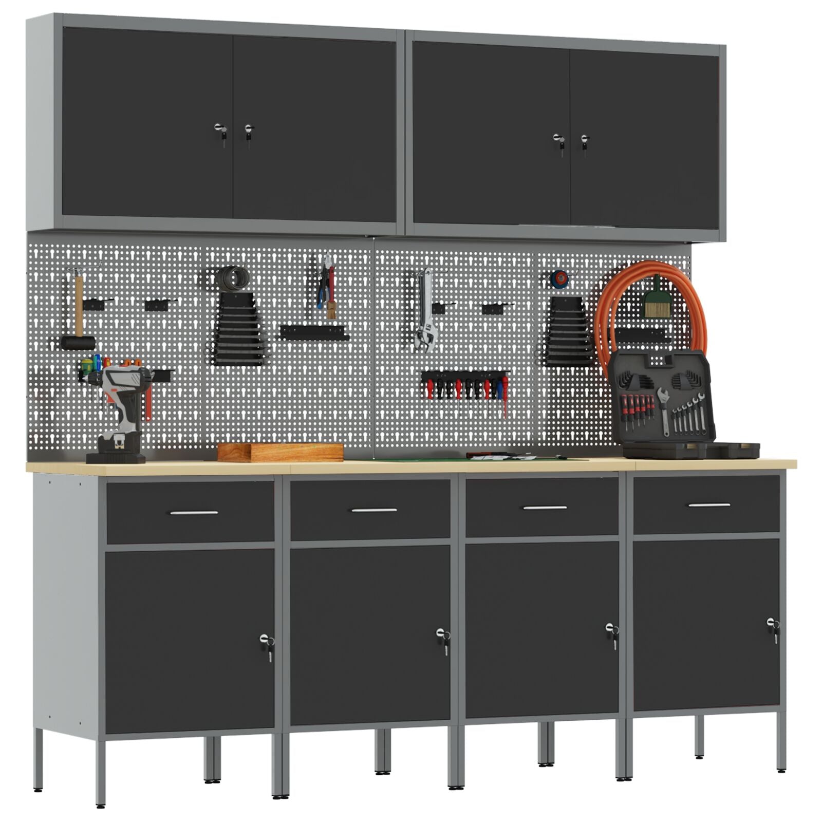 10-delt Arbeidskabinet og Pegboard-sett - Svart MDF og Metall