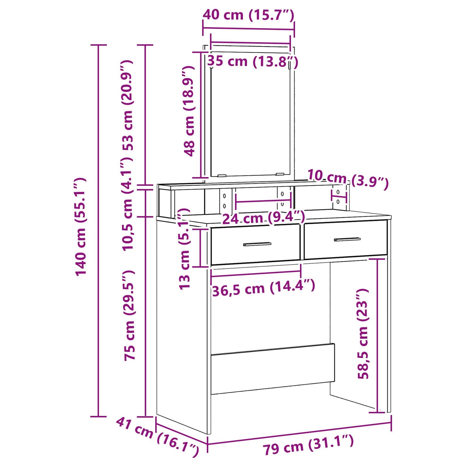Sminkebord med Skuffer Hvit 79x41x140 cm