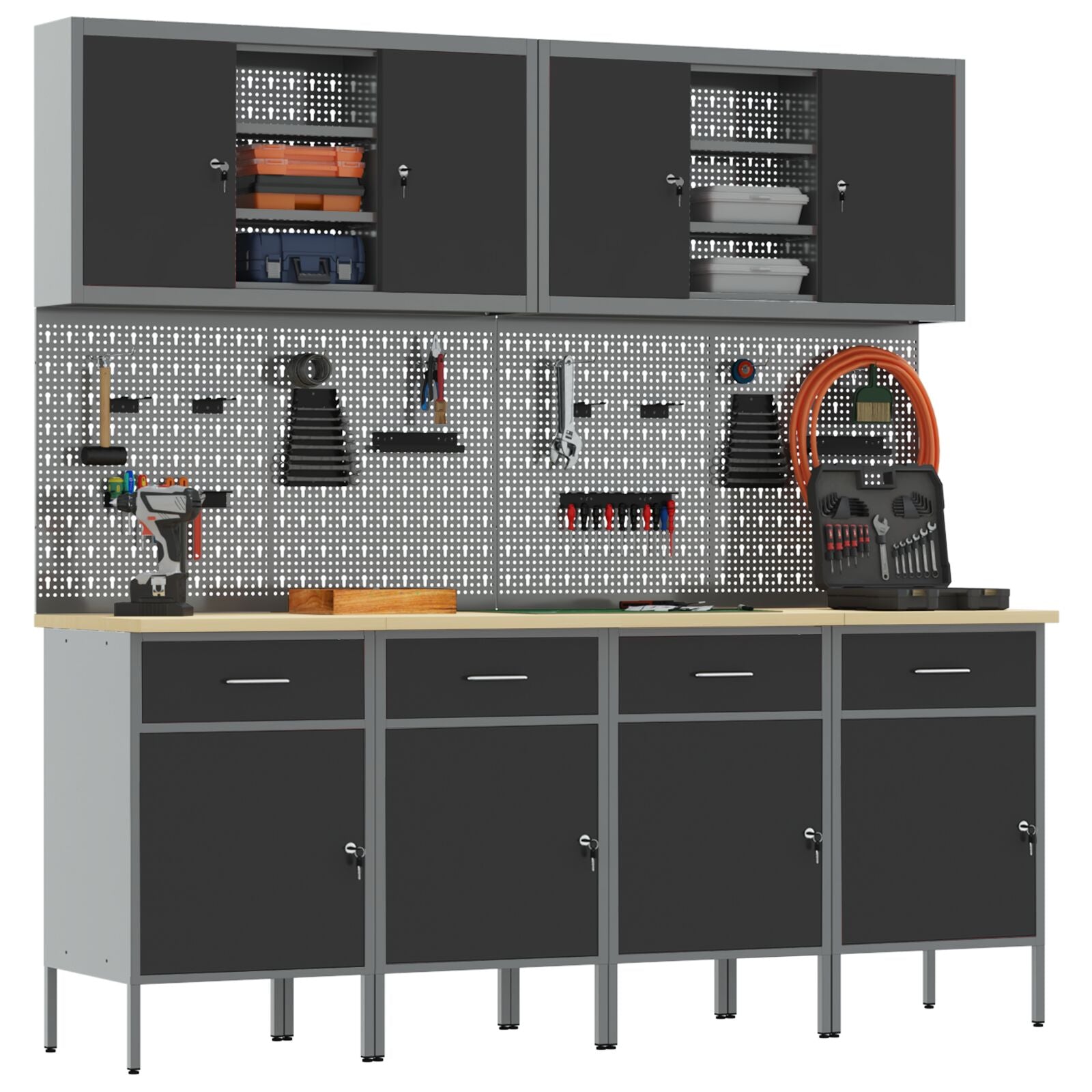 10-delt arbeidskabinett- og pegboard-sett i svart MDF og metall