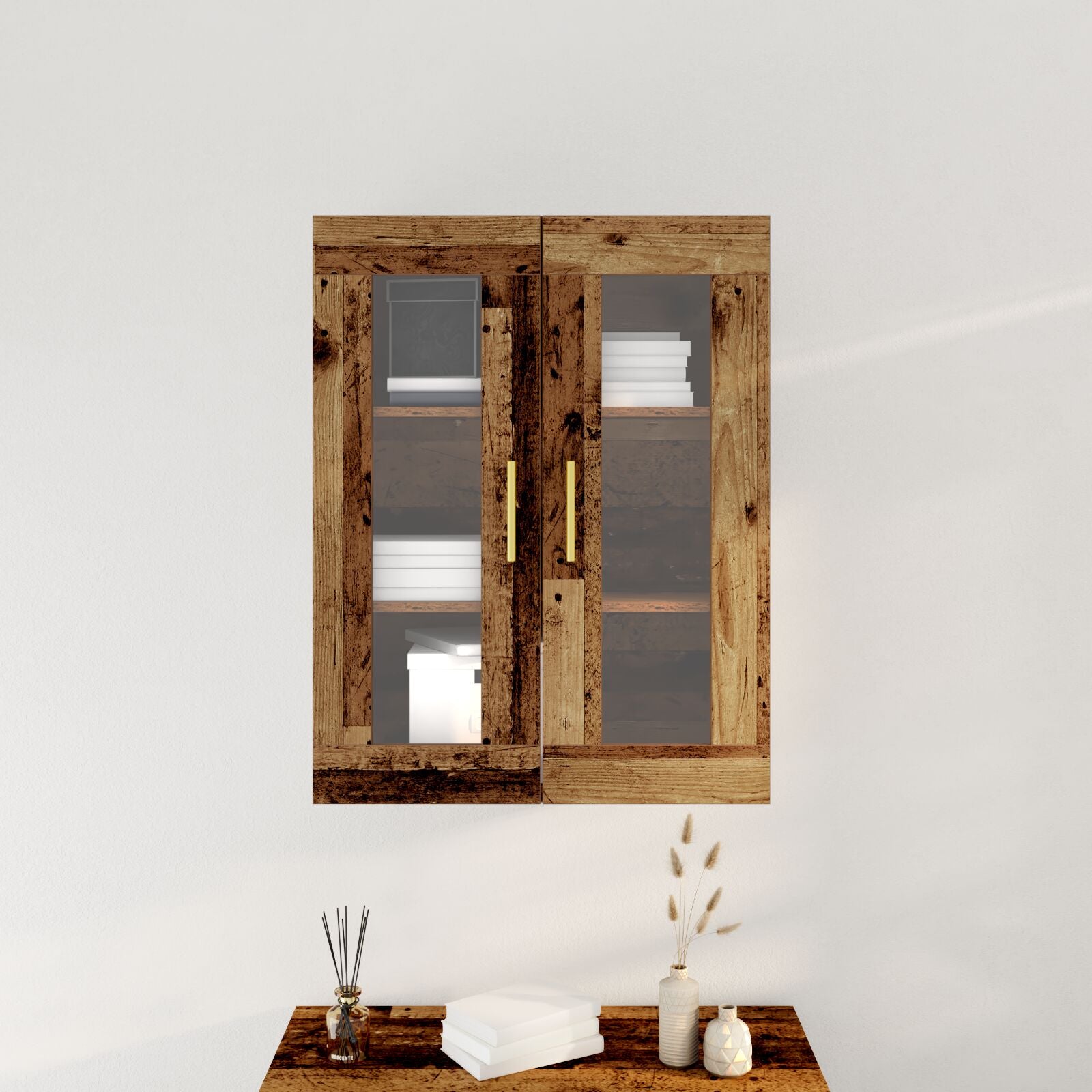 Vegghengt skap med glassdører gammelt tre 69,5x34x90 cm
