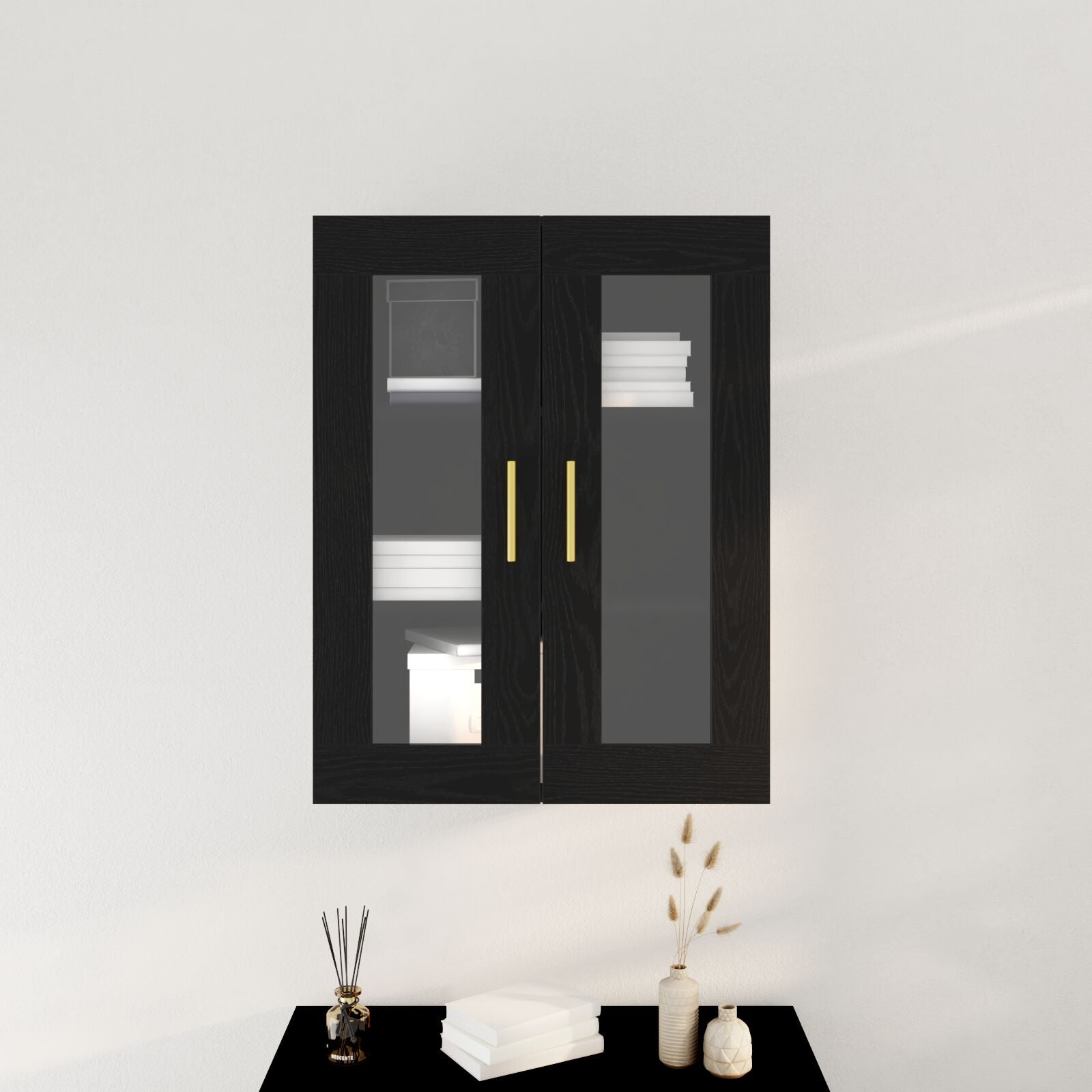 Vegghengt skap med glassdører svart eik 69,5x34x90 cm