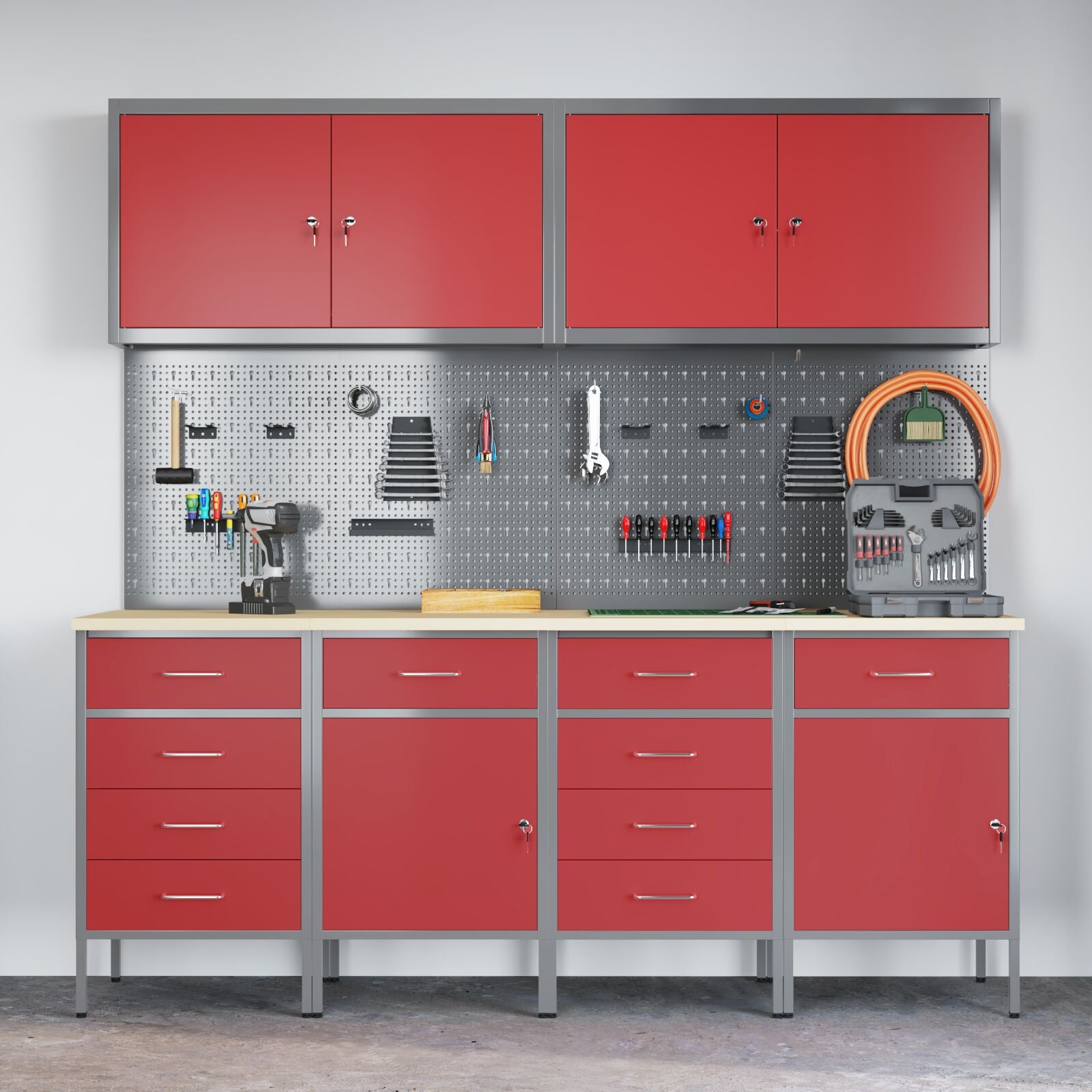 10-delt arbeidskabinett og pegboard sett i rød MDF og metall