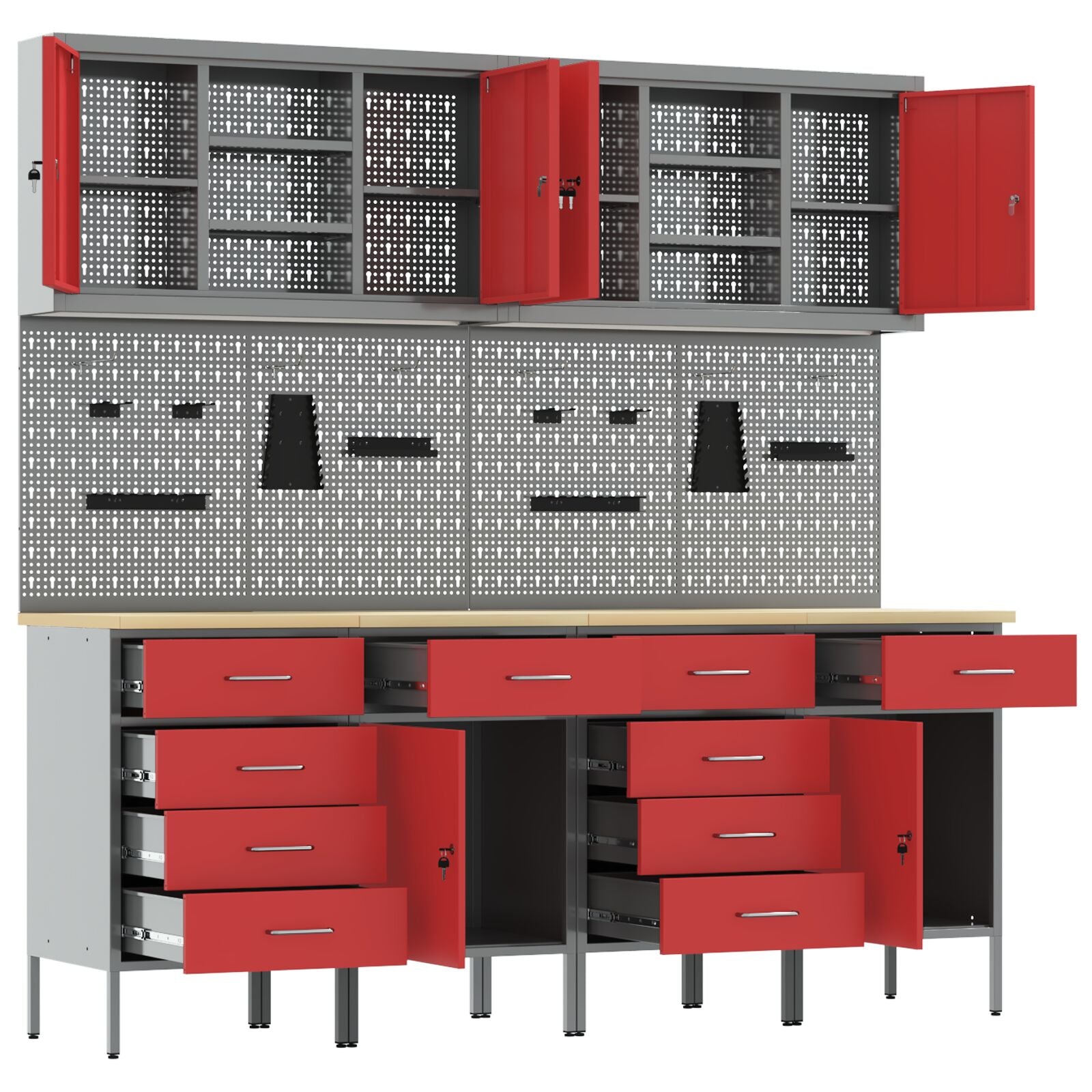 10-delt arbeidskabinet og pegboard-sett Rød MDF og metall