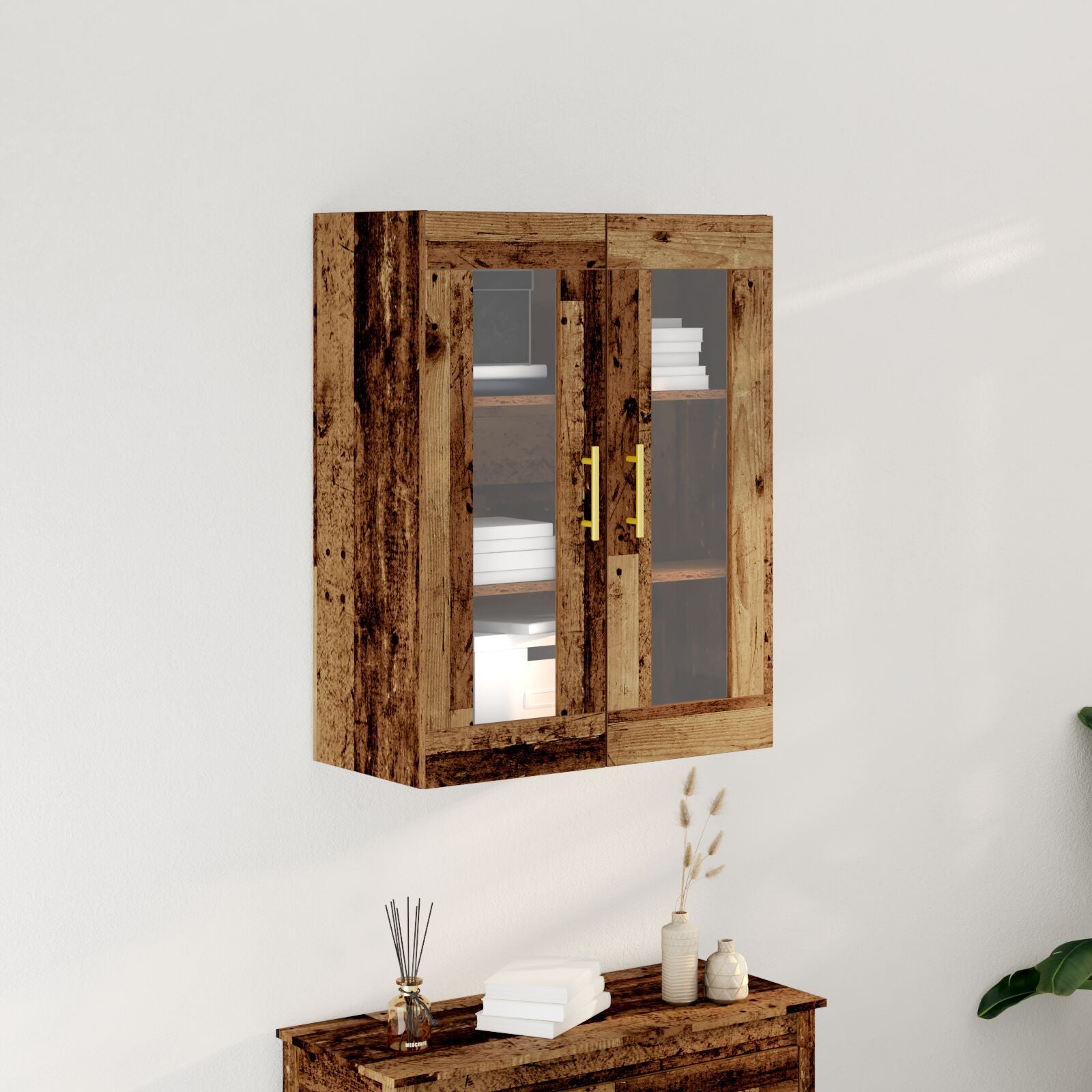 Vegghengt skap med glassdører gammelt tre 69,5x34x90 cm