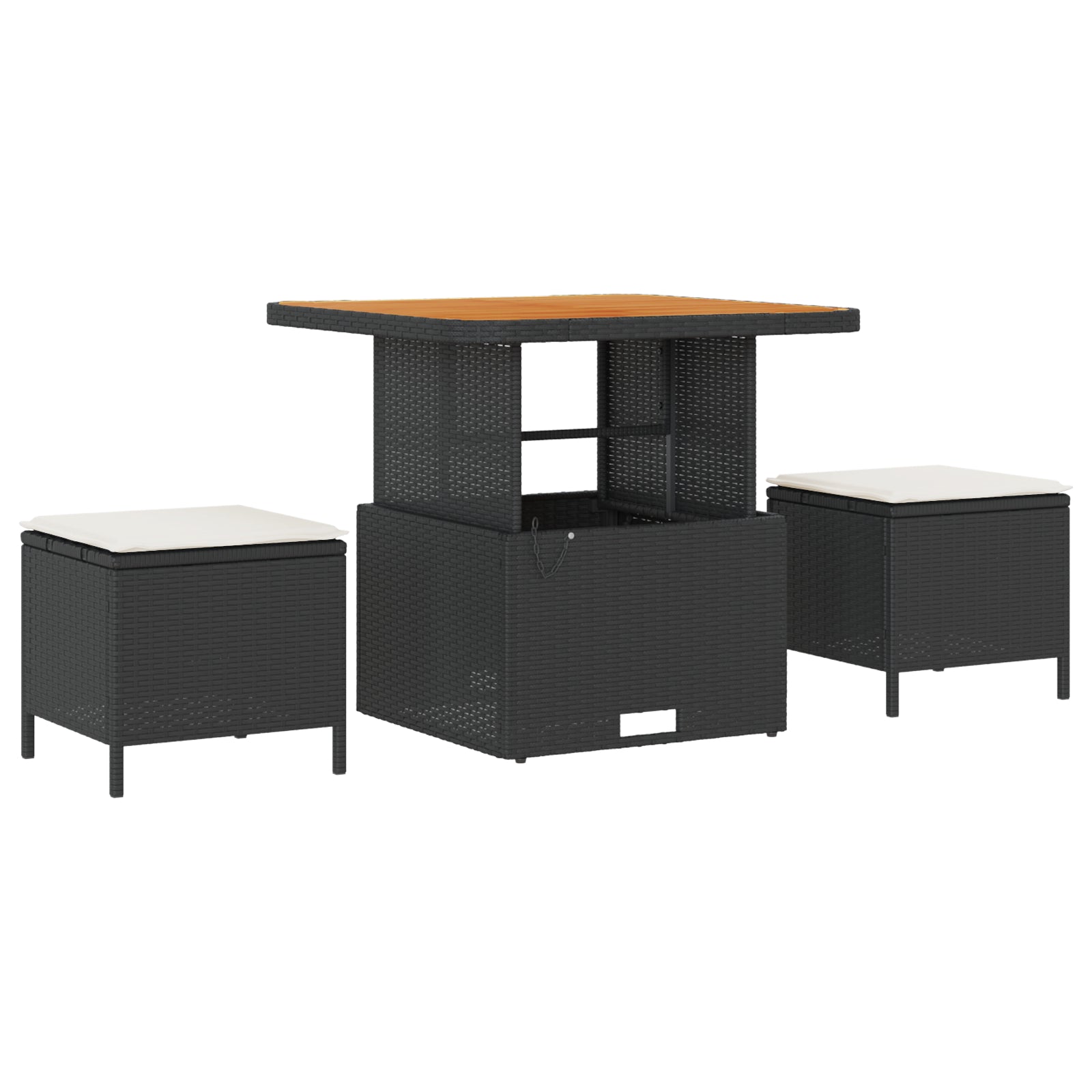 3-delt hage spisebordsett med puter svart poly rattan acacia