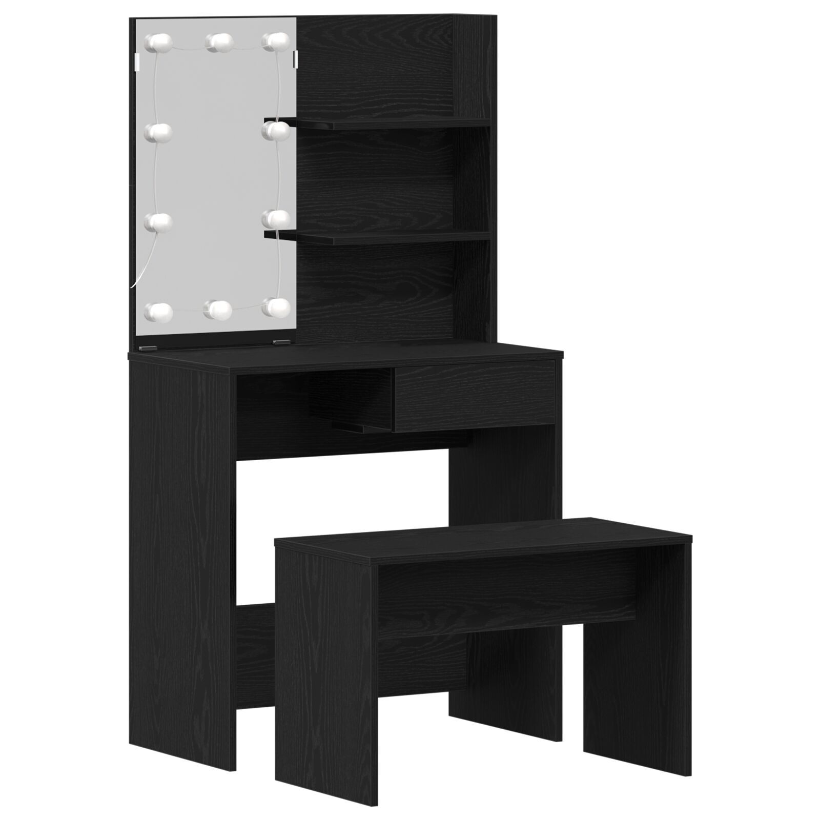 sminkebordsett med LED i svart eik og konstruert tre, vidaXL LED sminkebord i svart eik - 74,5 x 40 x 141 cm, laget av konstruert tre, vidaXL sminkestol i svart eik 70 x 35 x 45 cm i konstruert tre