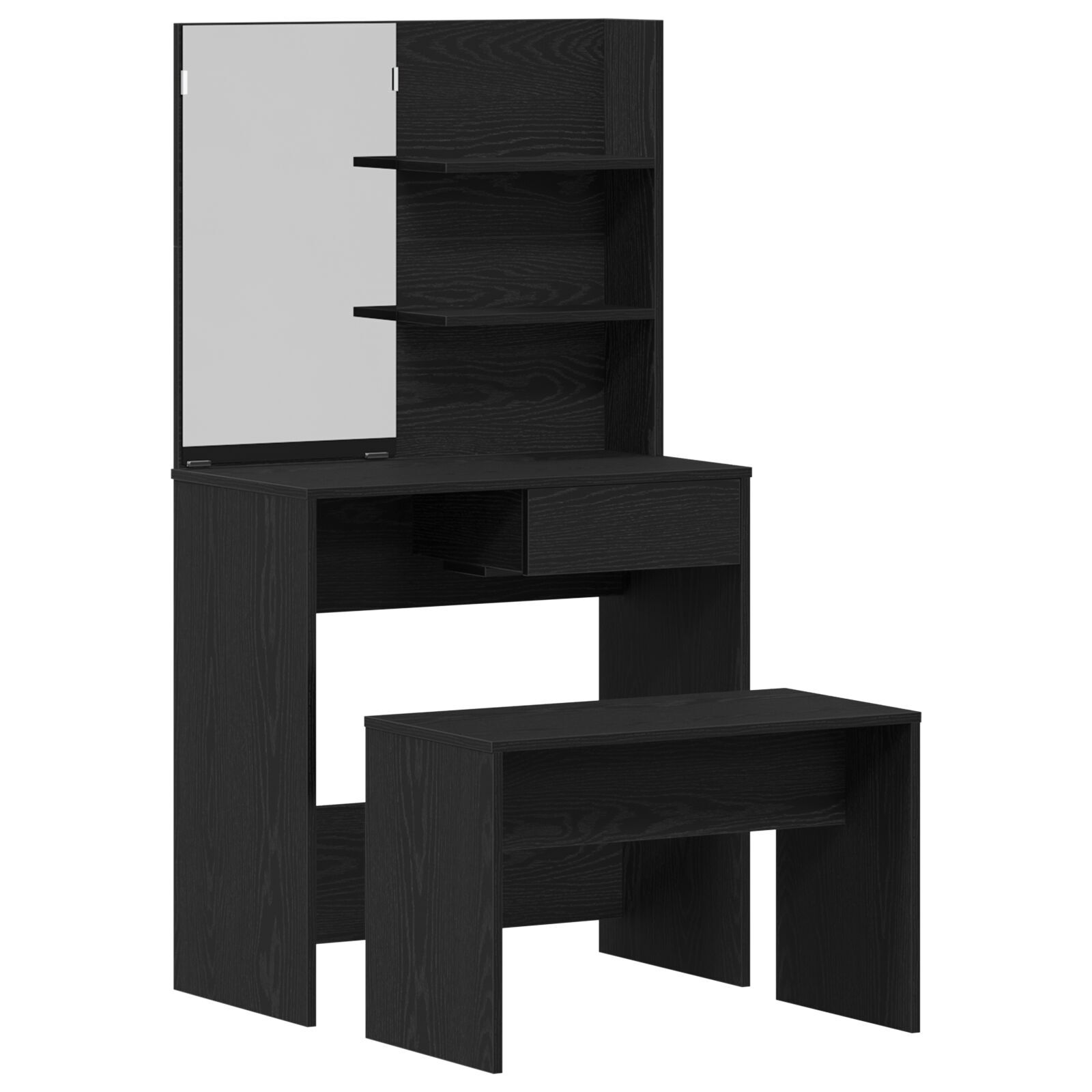 Sminkebordsett Svart Eik Ingeniørtre, vidaXL Svart Eik Sminkebord med speil - 74.5 x 40 x 141 cm, vidaXL Sminkebenk Svart Eik 70x35x45 cm Ingeniørtre
