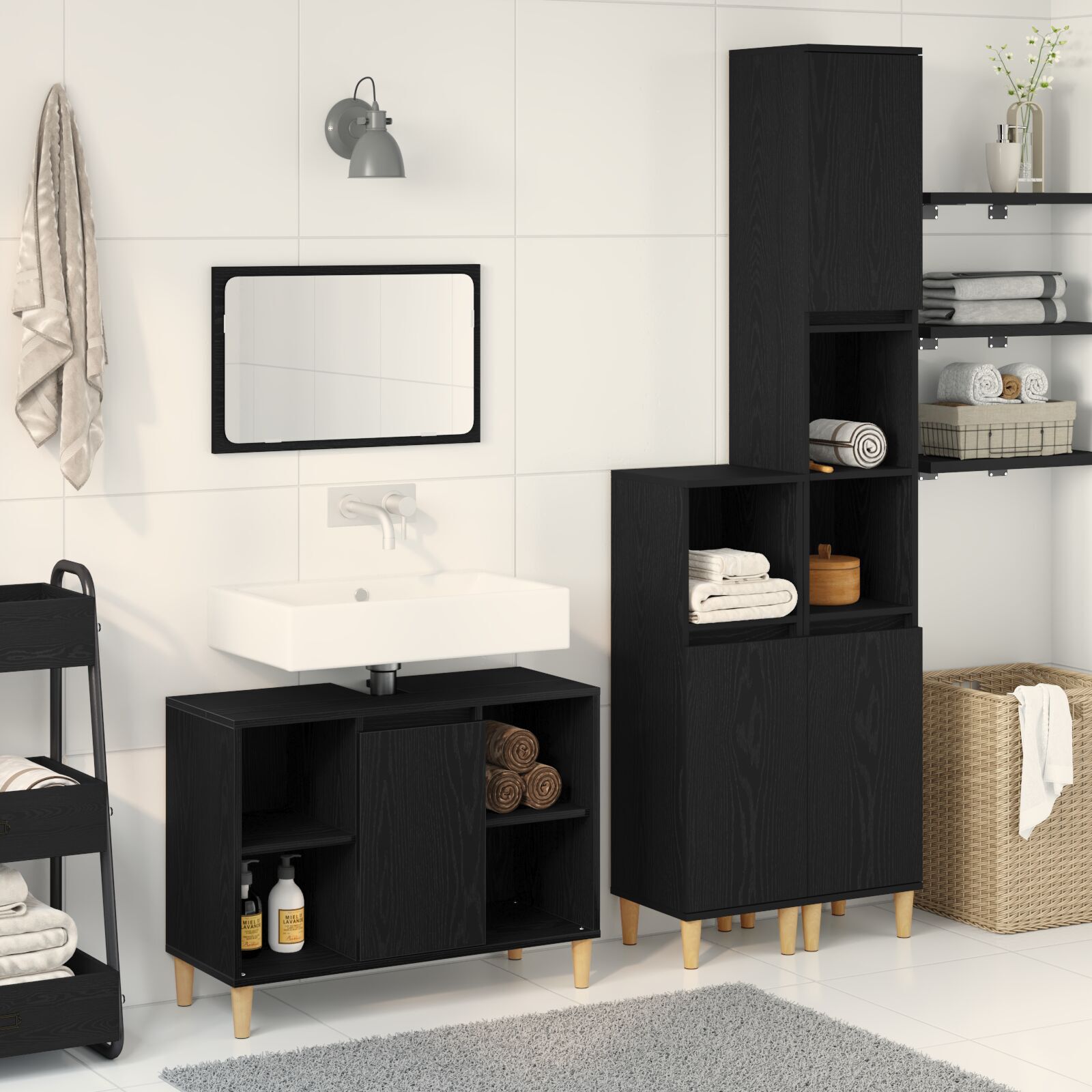 3-delers baderomsmøbelsett svart eik konstruert tre, vidaXL baderomsskap svart eik 30x30x190 cm konstruert tre, vidaXL baderomsskap svart eik 30x30x100 cm konstruert tre